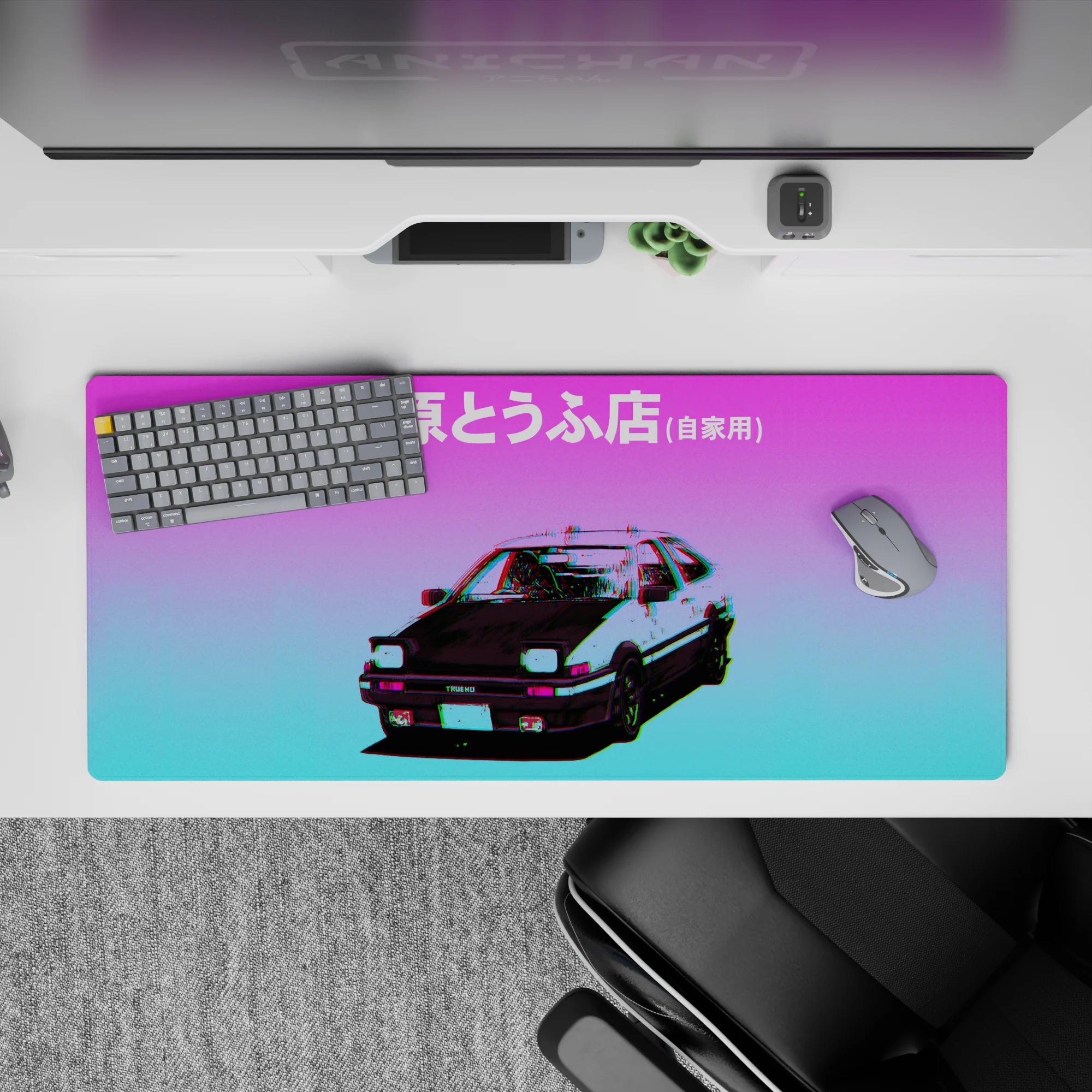 Neon purple-to-cyan dusk vibe anime desk pad 36x16 inches with glitch edges and pop-up glow.