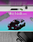 40x20 inches anime desk pad in purple-to-cyan vaporwave glow with glitch chroma edges and neon skyline.