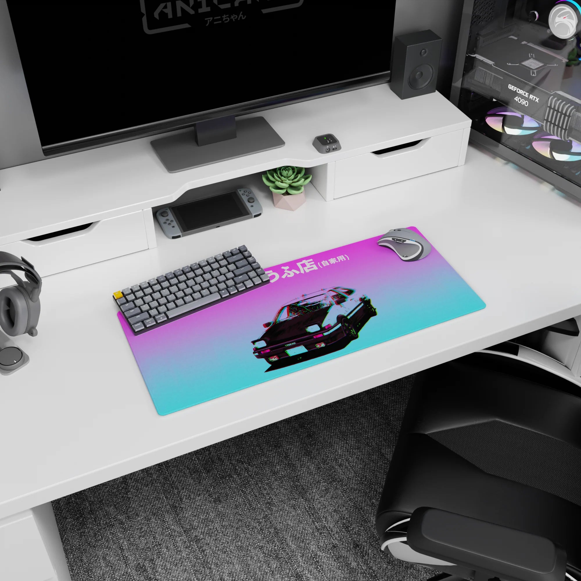 28x12 inches anime mouse pad featuring Initial D-style Toyota AE86 Trueno with glowing pop-up headlights.