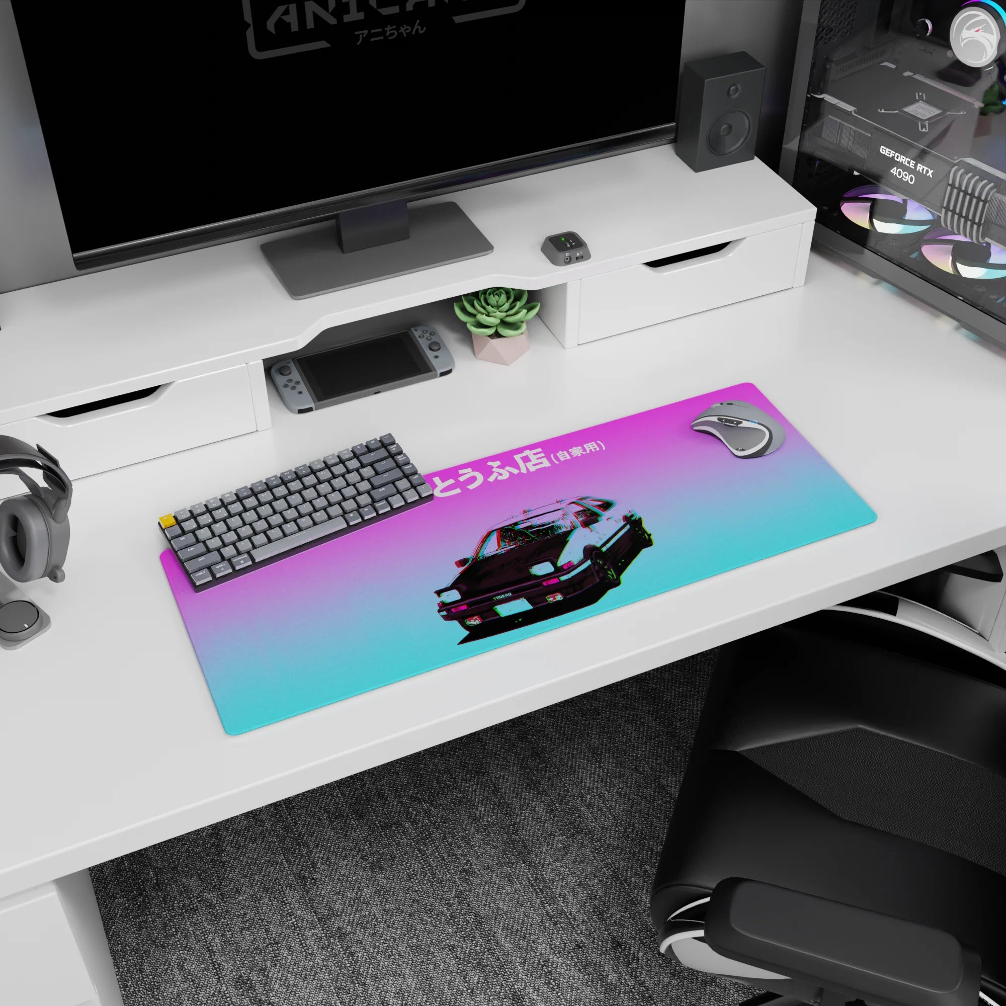 32x12 inches anime mouse pad featuring AE86 Trueno front view, glowing pop-up headlights under neon sky.
