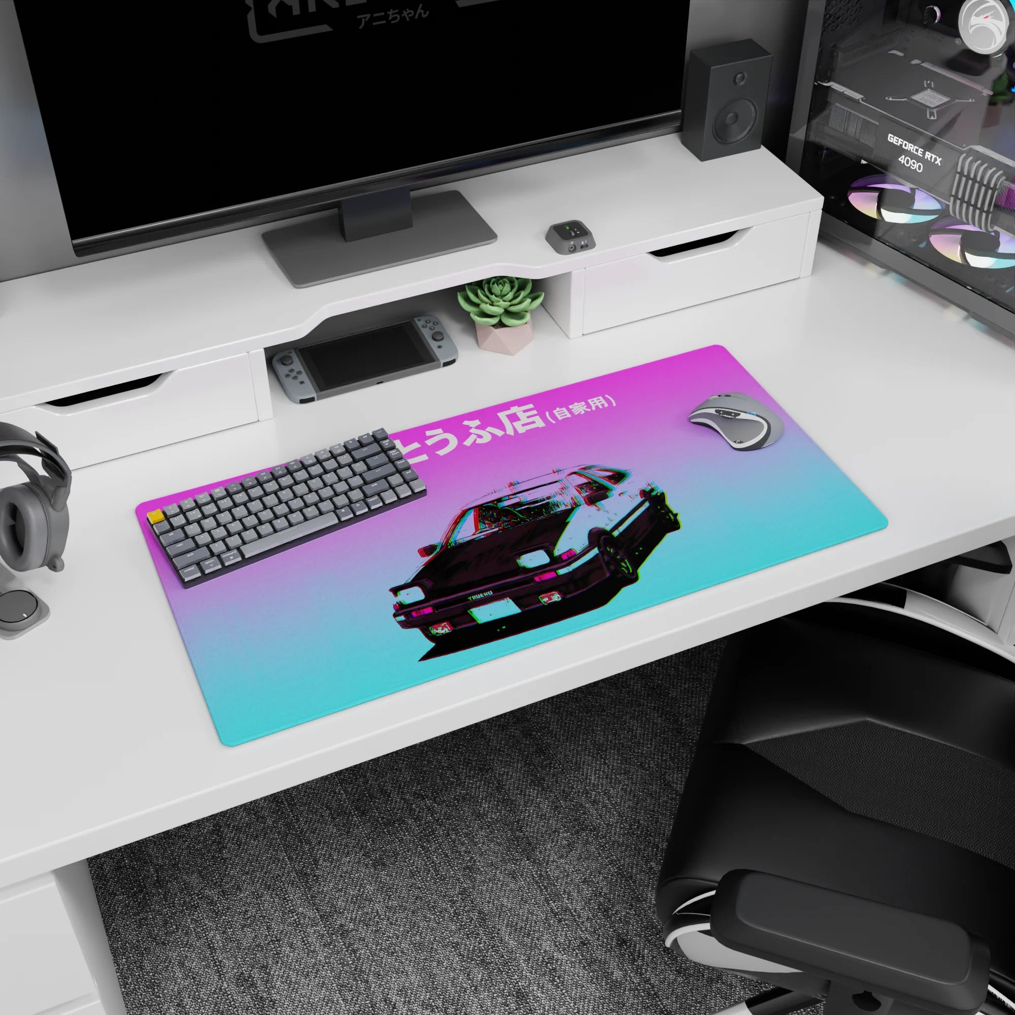 32x16 inches anime mouse pad featuring a front-facing Trueno AE86 under neon dusk, low stance and headlights.