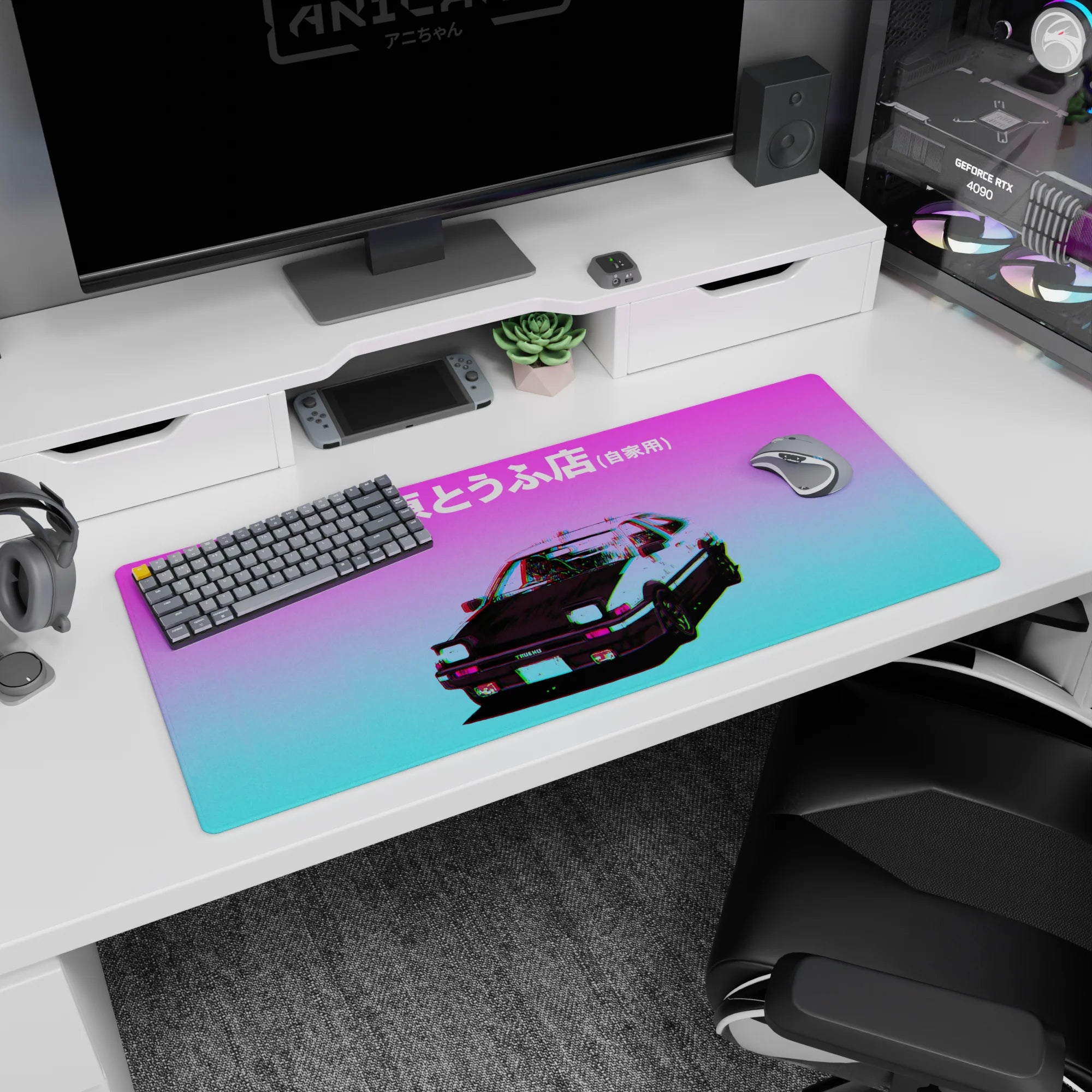 Toyota Trueno AE86 facing forward under neon sky on anime desk pad 36x16 inches with bold kanji.