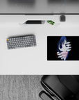 14x10 inches anime mouse pad in deep black with midnight-blue hair, indigo eyes, pink scarf, spooky-cute mood.