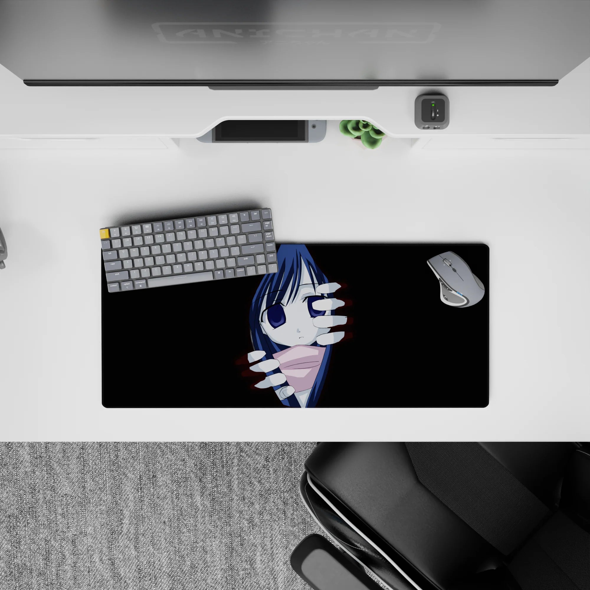 28x12 inches anime girl mouse pad in deep black with midnight-blue hair, indigo eyes, pink scarf, spooky glow.