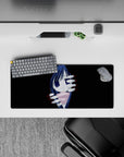 28x12 inches anime girl mouse pad in deep black with midnight-blue hair, indigo eyes, pink scarf, spooky glow.