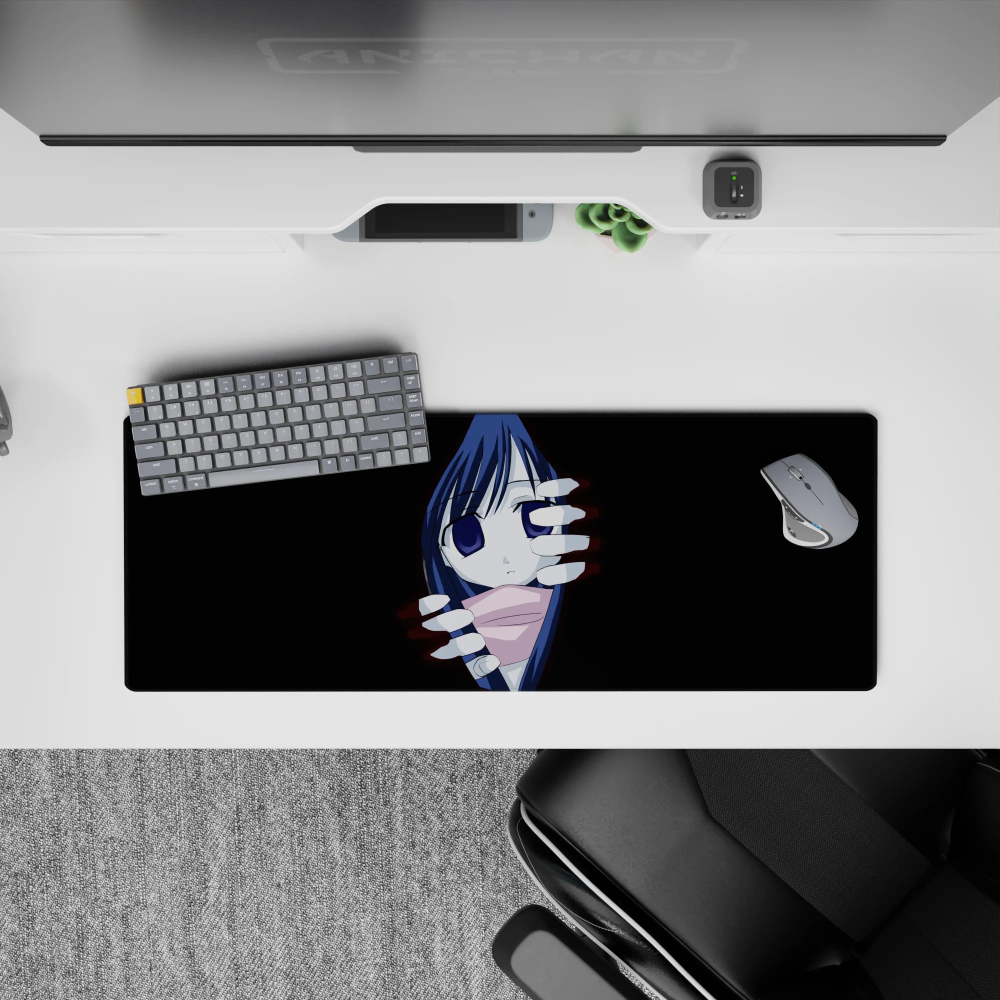 32x12 inches desk mouse pad in deep black with midnight-blue hair, soft red glow, cute spooky vibe.