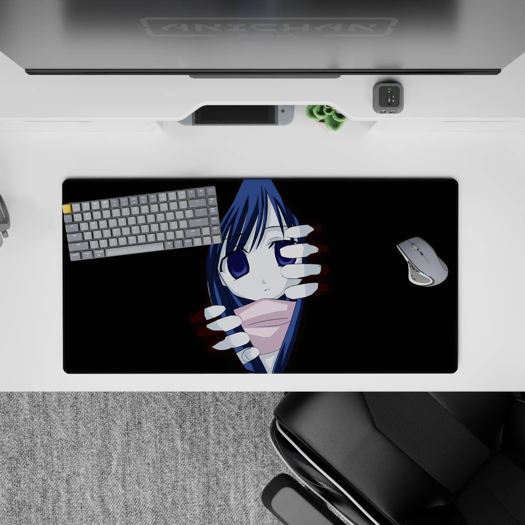 32x16 inches desk mouse pad in deep black with midnight-blue hair, indigo eyes, and soft spooky vibe.