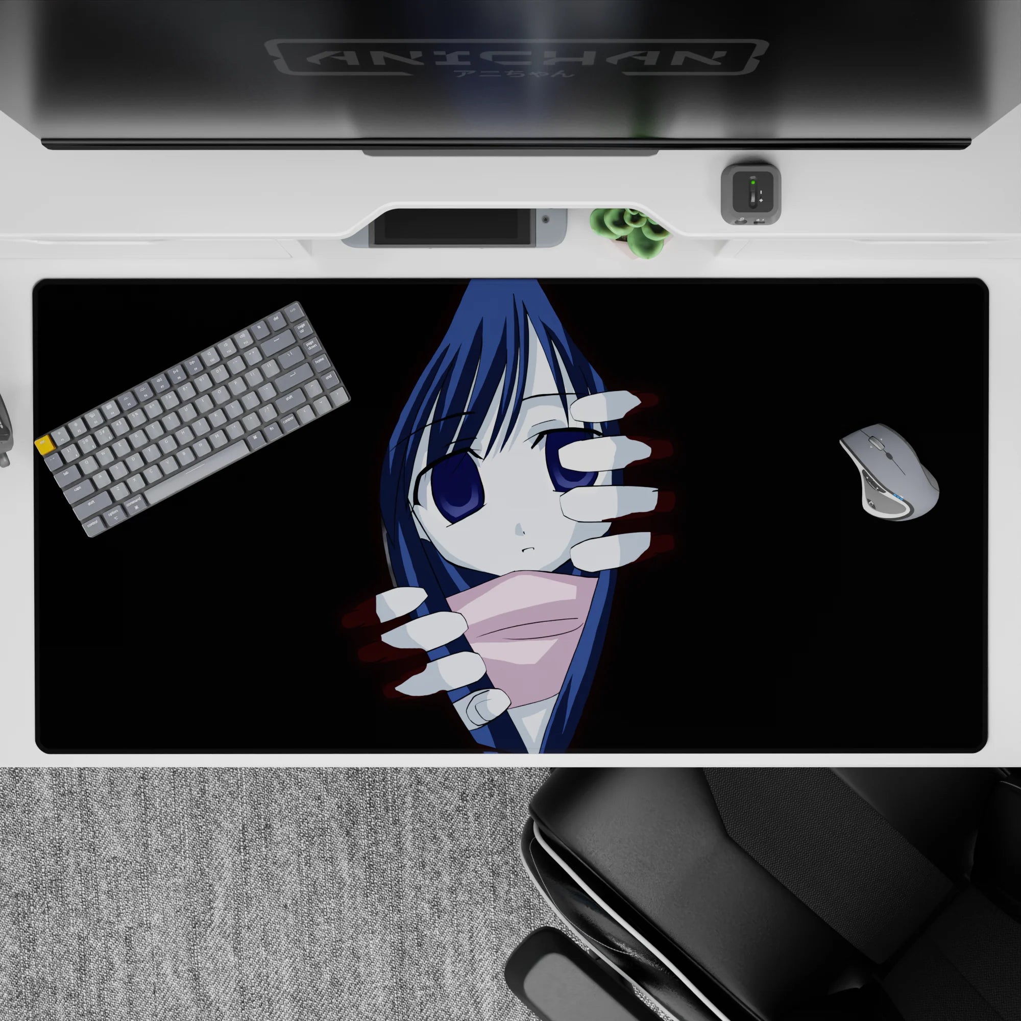 Spooky-cute 40x20 inches anime desk pad in deep black, midnight blue hair, indigo eyes, soft red glow.