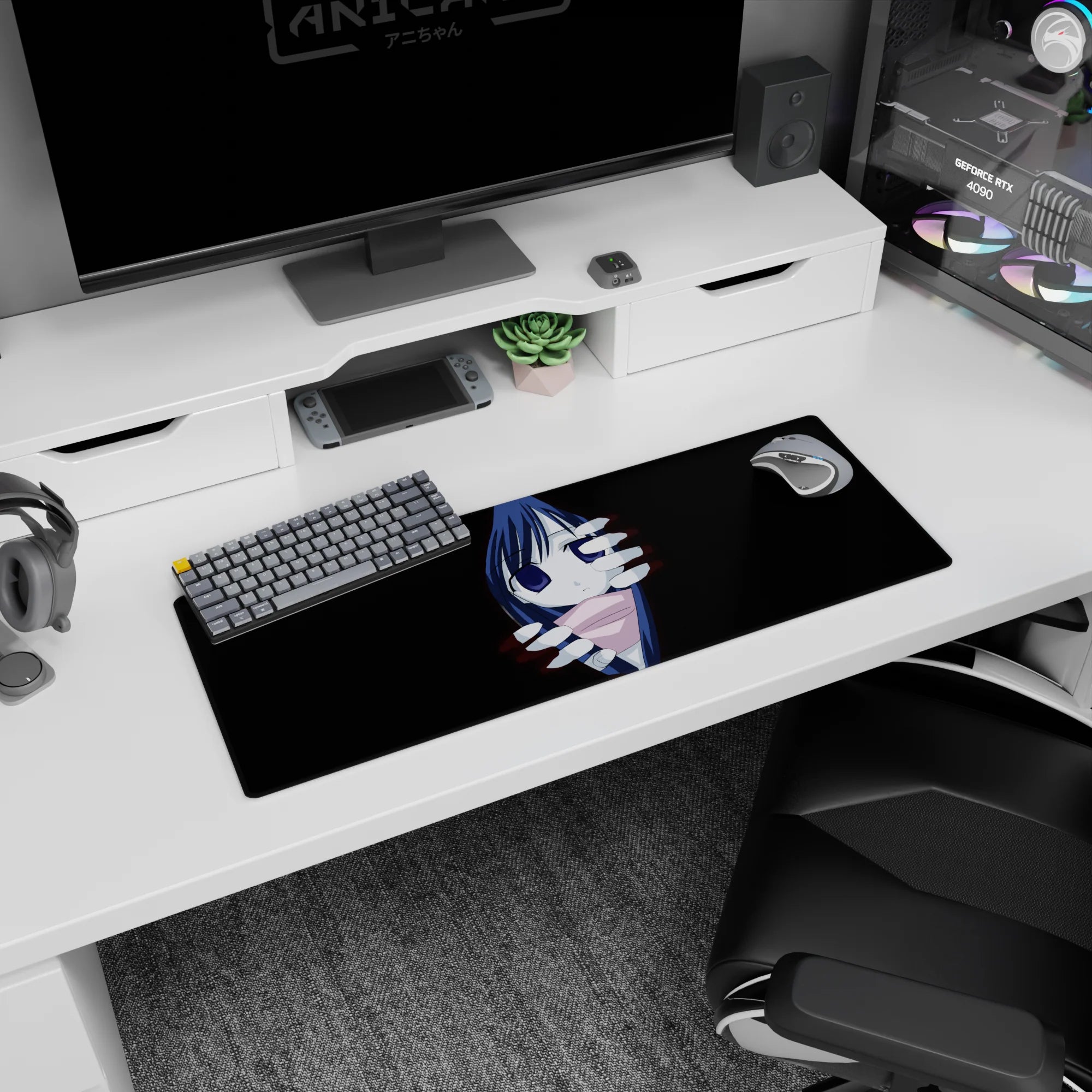 32x12 inches anime mouse pad showing calm indigo-eyed girl framed by eerie white hands in darkness.