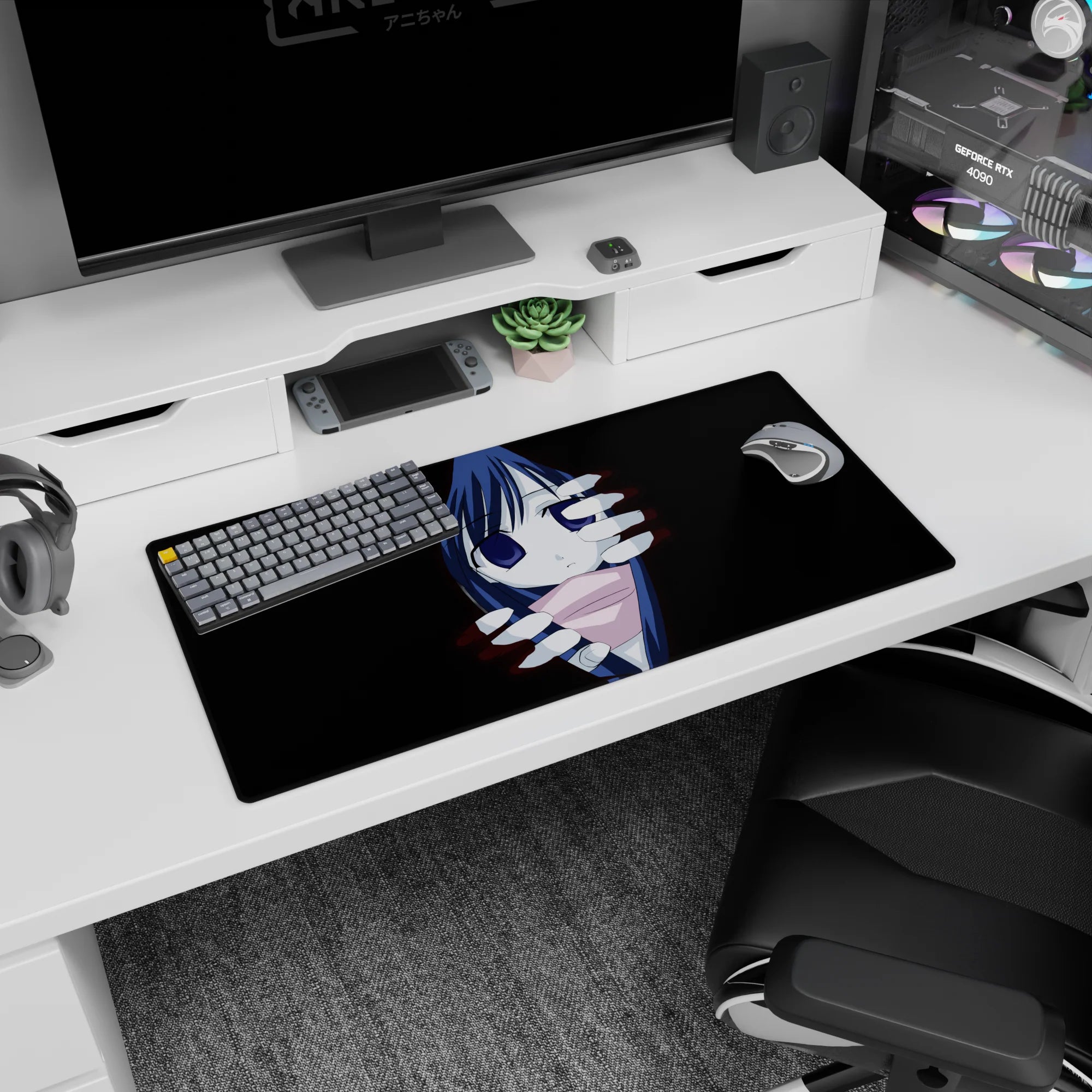 32x16 inches anime mouse pad showing a timid girl peeking out, pink scarf, surrounded by pale hands.