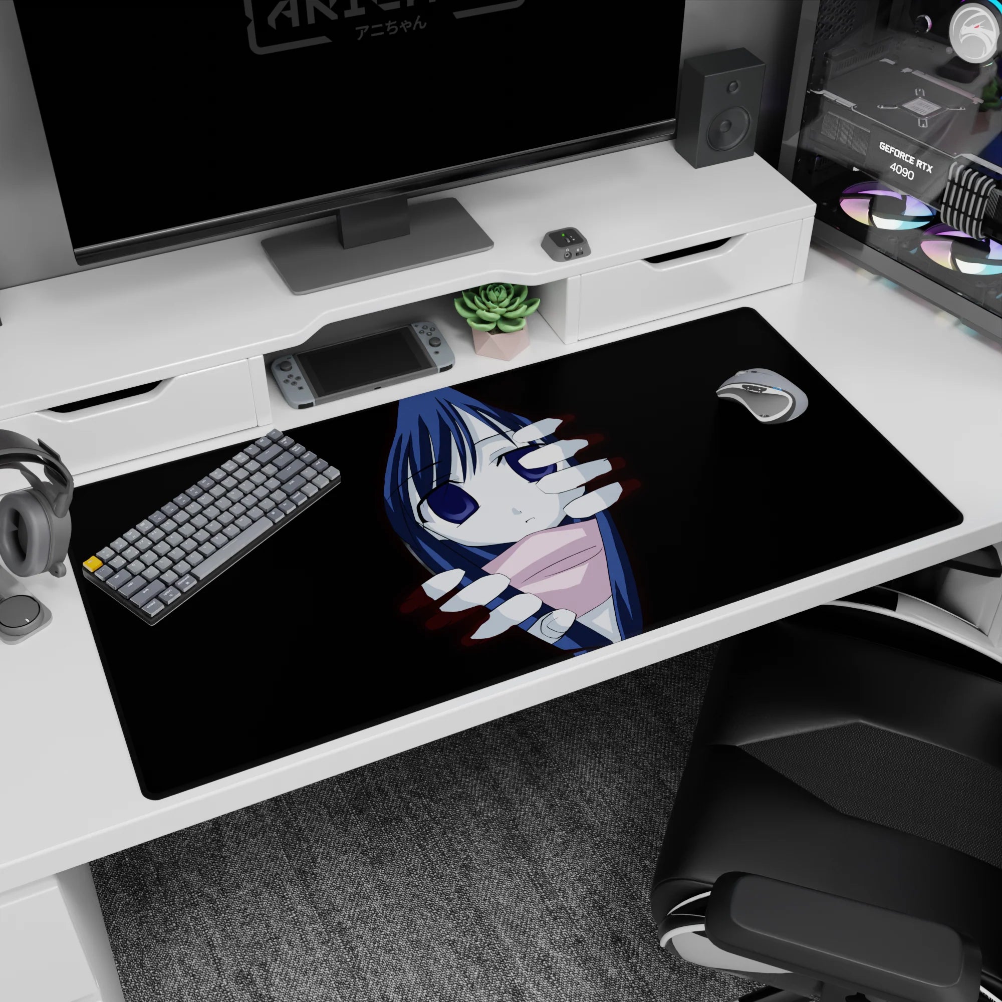 Shy anime girl peeking from darkness, framed by eerie hands and red glow on a 40x20 inches desk pad.