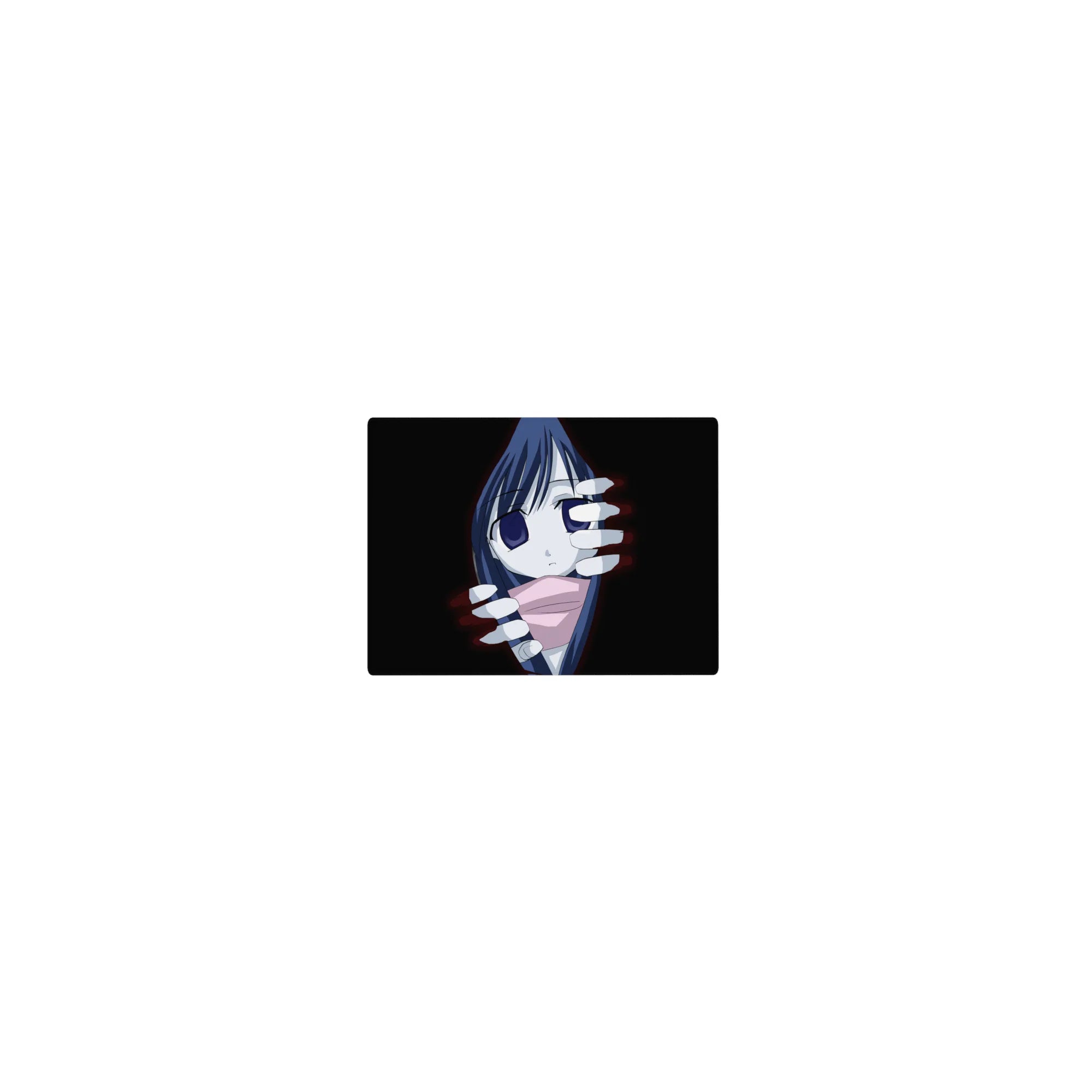 Classic anime girl mouse pad 14x10 inches with shy girl framed by ghostly white hands and red glow.