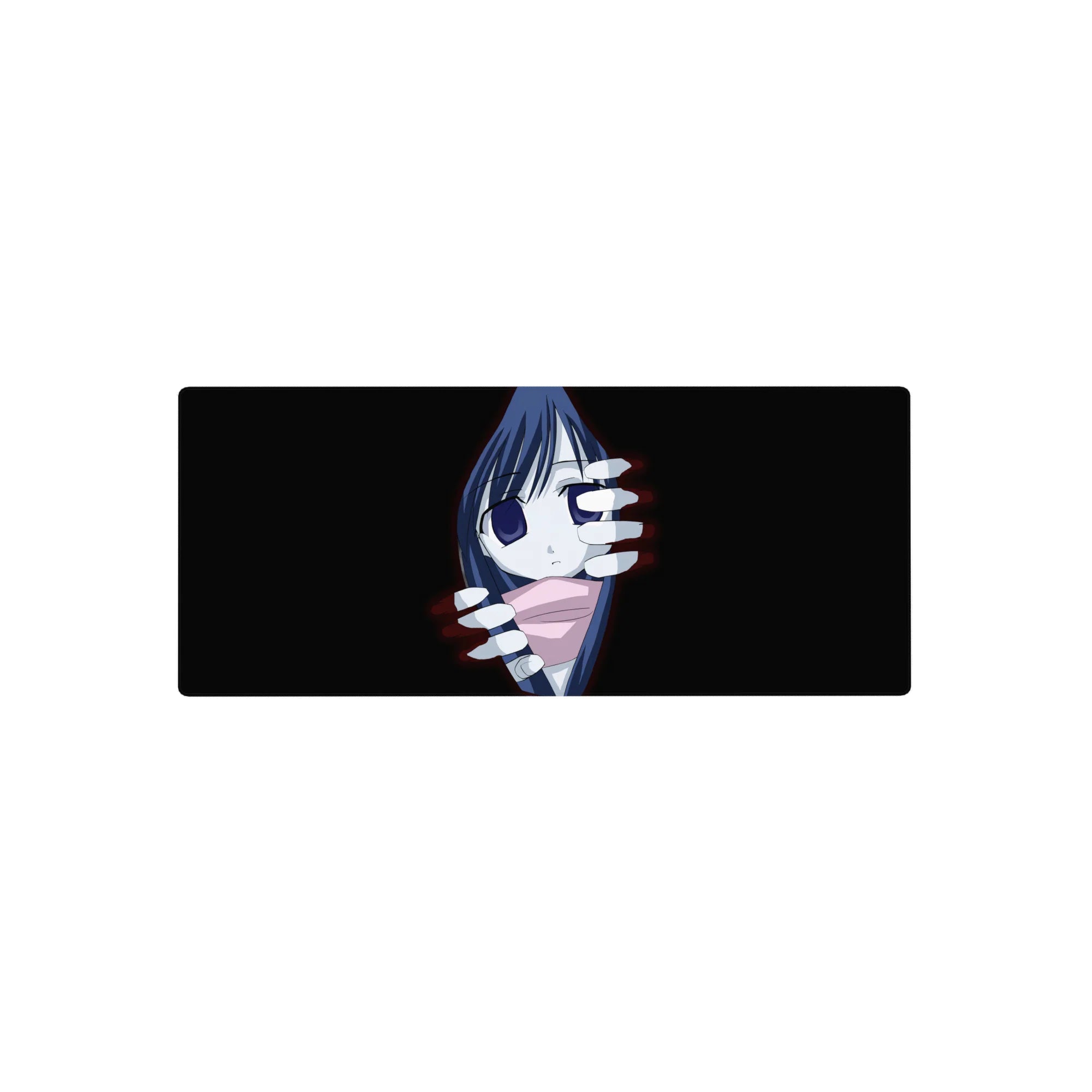 28x12 inches anime girl mouse pad with shy girl in dark frame and ghostly white hands, crisp print.