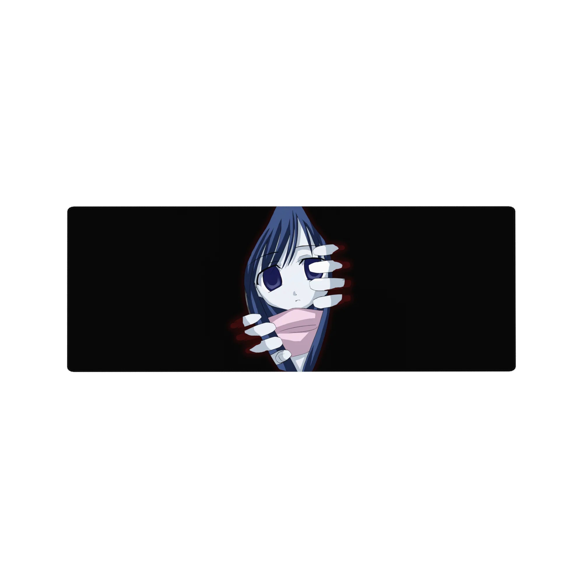 32x12 inches anime girl mouse pad with shy girl peeking from black, ghostly white hands, pink scarf.