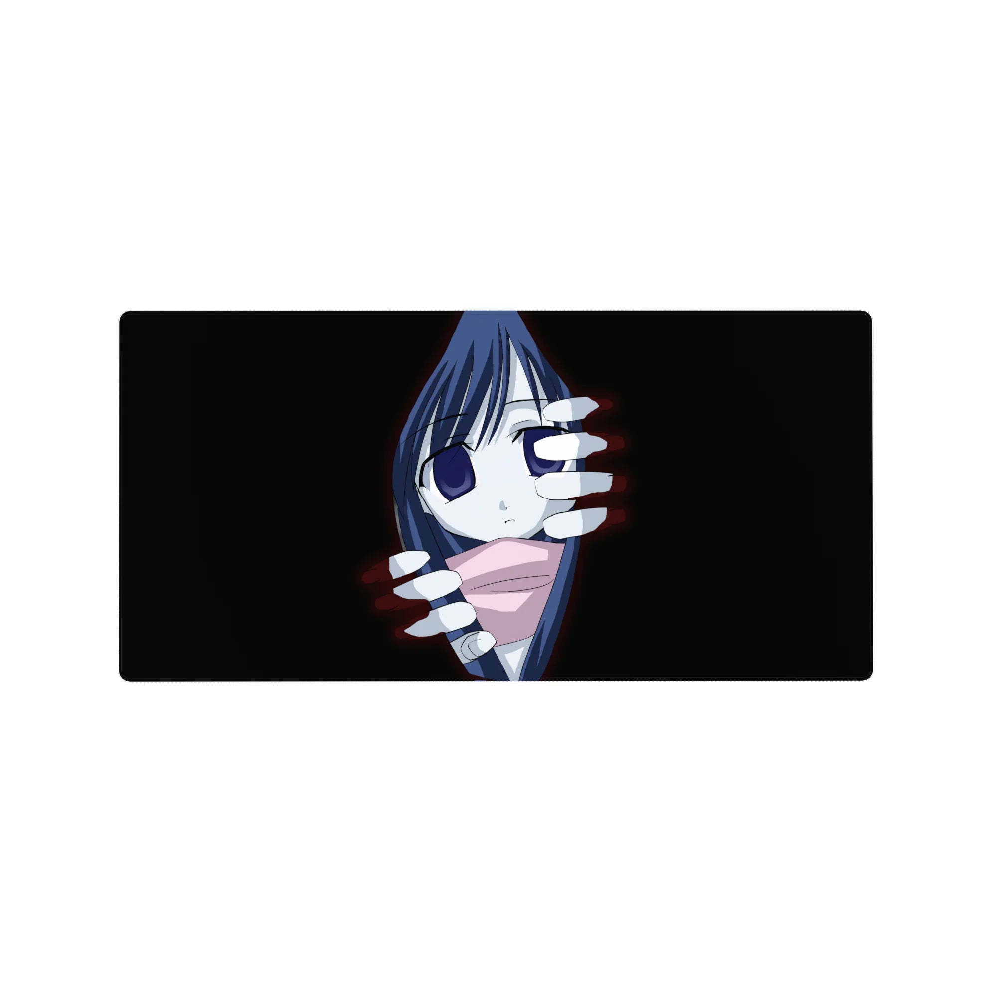 32x16 inches anime girl mouse pad with shy girl framed by ghostly white hands and red glow.