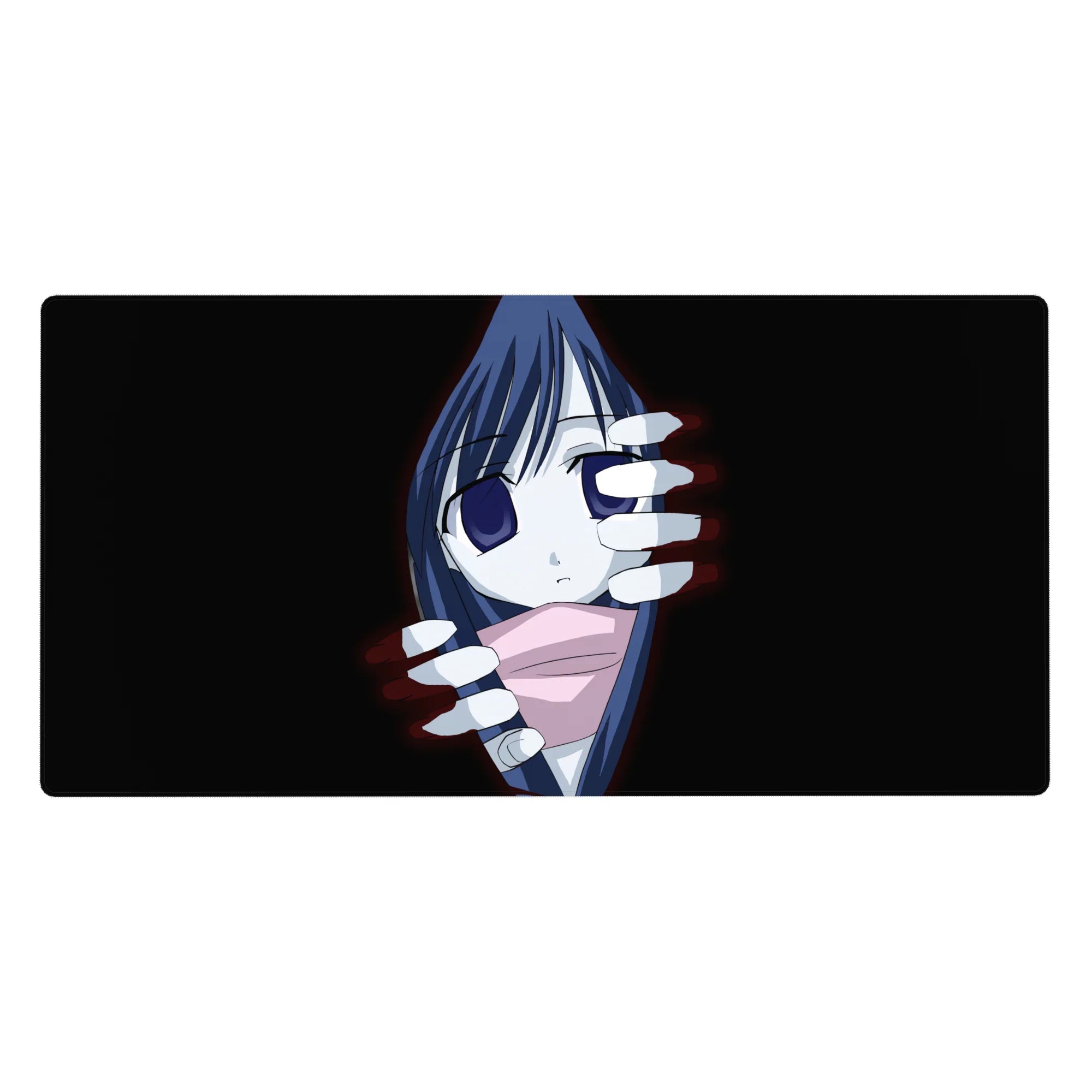 Anime girl desk pad 40x20 inches with shy peek, ghostly white hands frame, pink scarf accent.