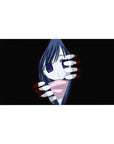 Anime girl desk pad 40x20 inches with shy peek, ghostly white hands frame, pink scarf accent.