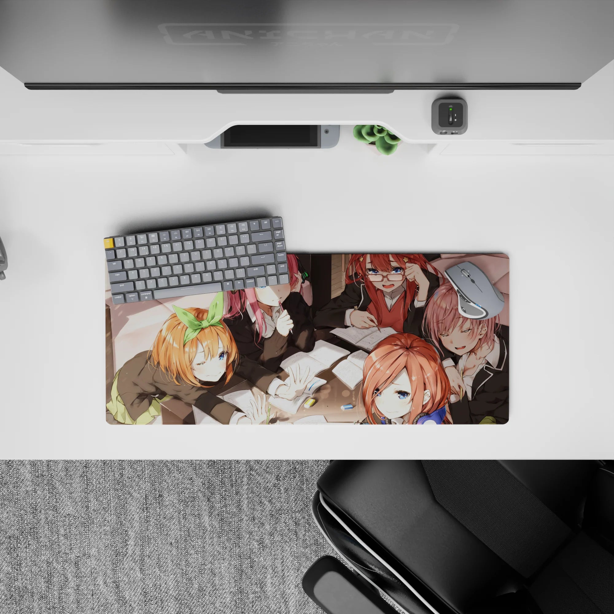 28x12 inches cute anime desk mat in warm sunset tones, pink-orange-auburn hair and cozy study vibes.