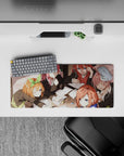 28x12 inches cute anime desk mat in warm sunset tones, pink-orange-auburn hair and cozy study vibes.