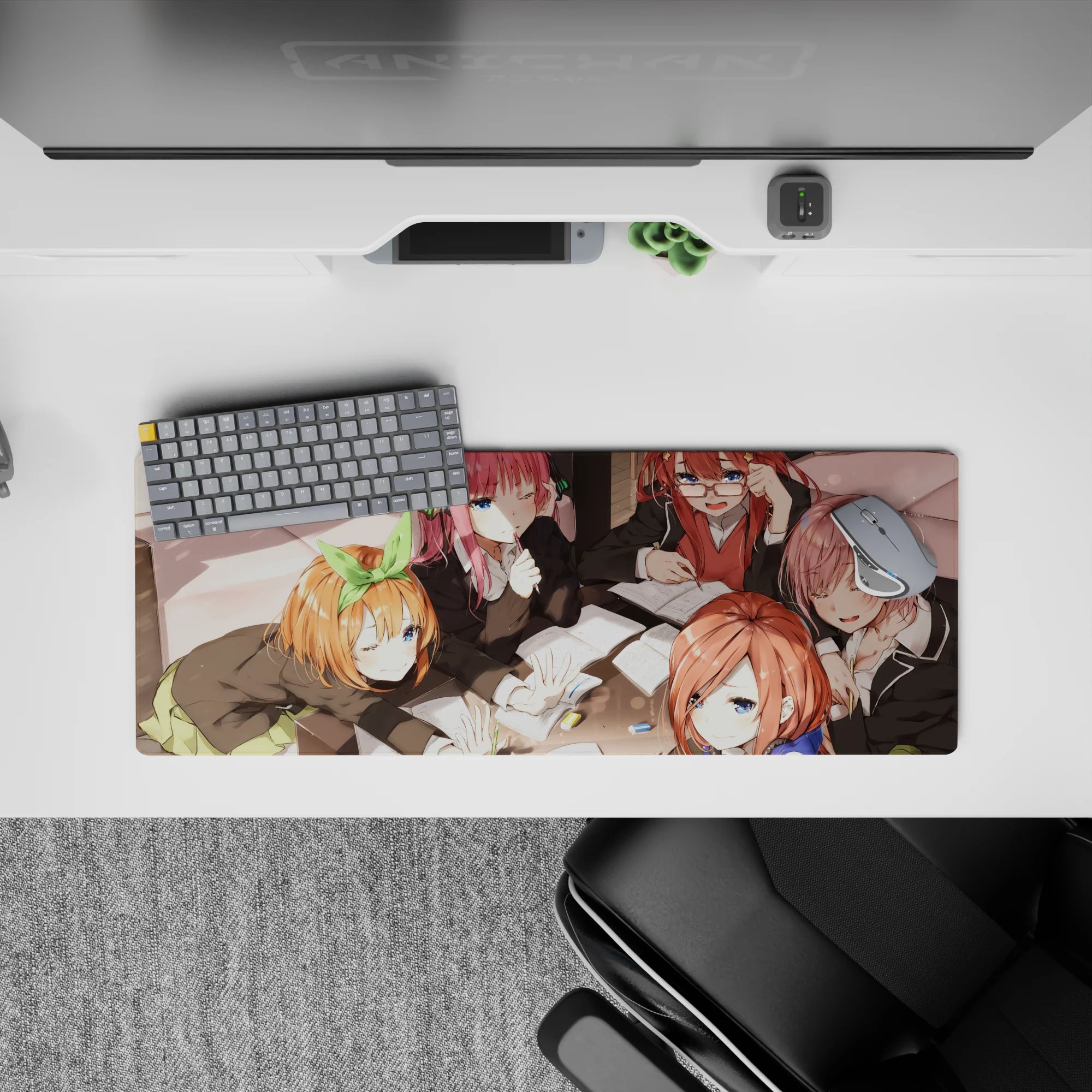 32x12 inches anime girl desk mat in warm sunset tones, pink orange and auburn hair, soft cute study vibes.