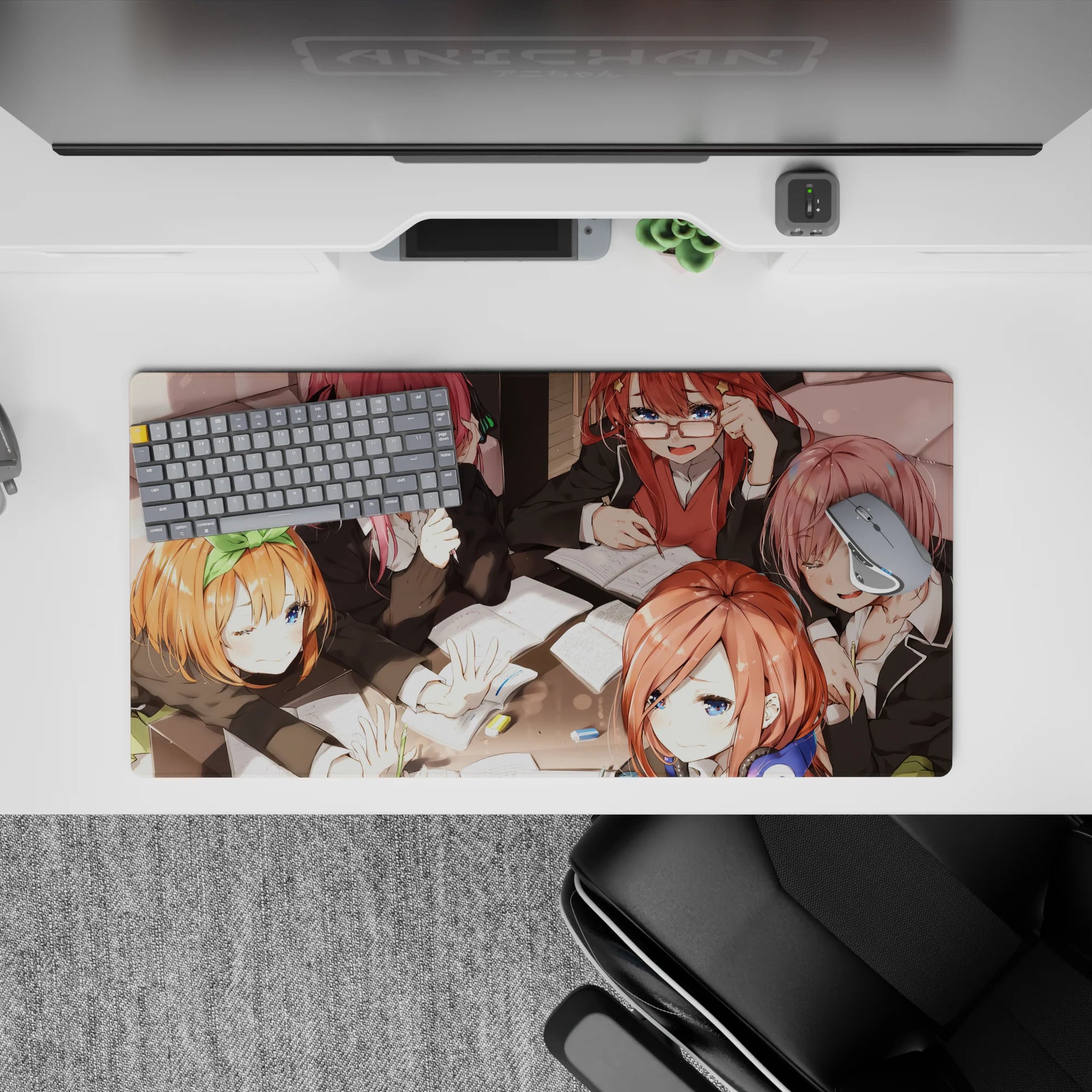 32x16 inches anime girl mouse pad in warm sunset tones, pink orange auburn hair, soft highlights, cute vibes.