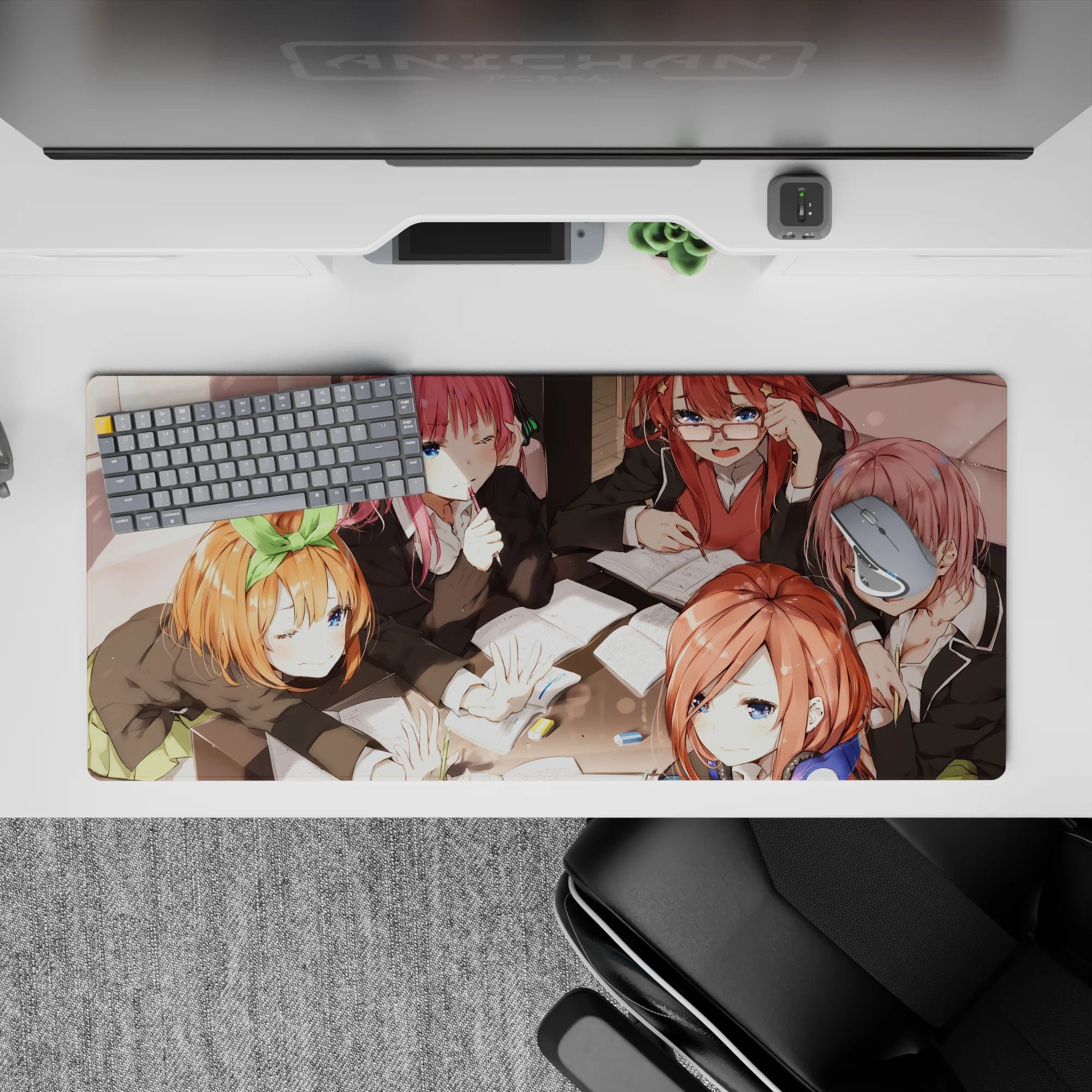 36x16 inches anime desk pad in warm sunset tones, pink orange auburn hair, soft highlights, cute study vibe.