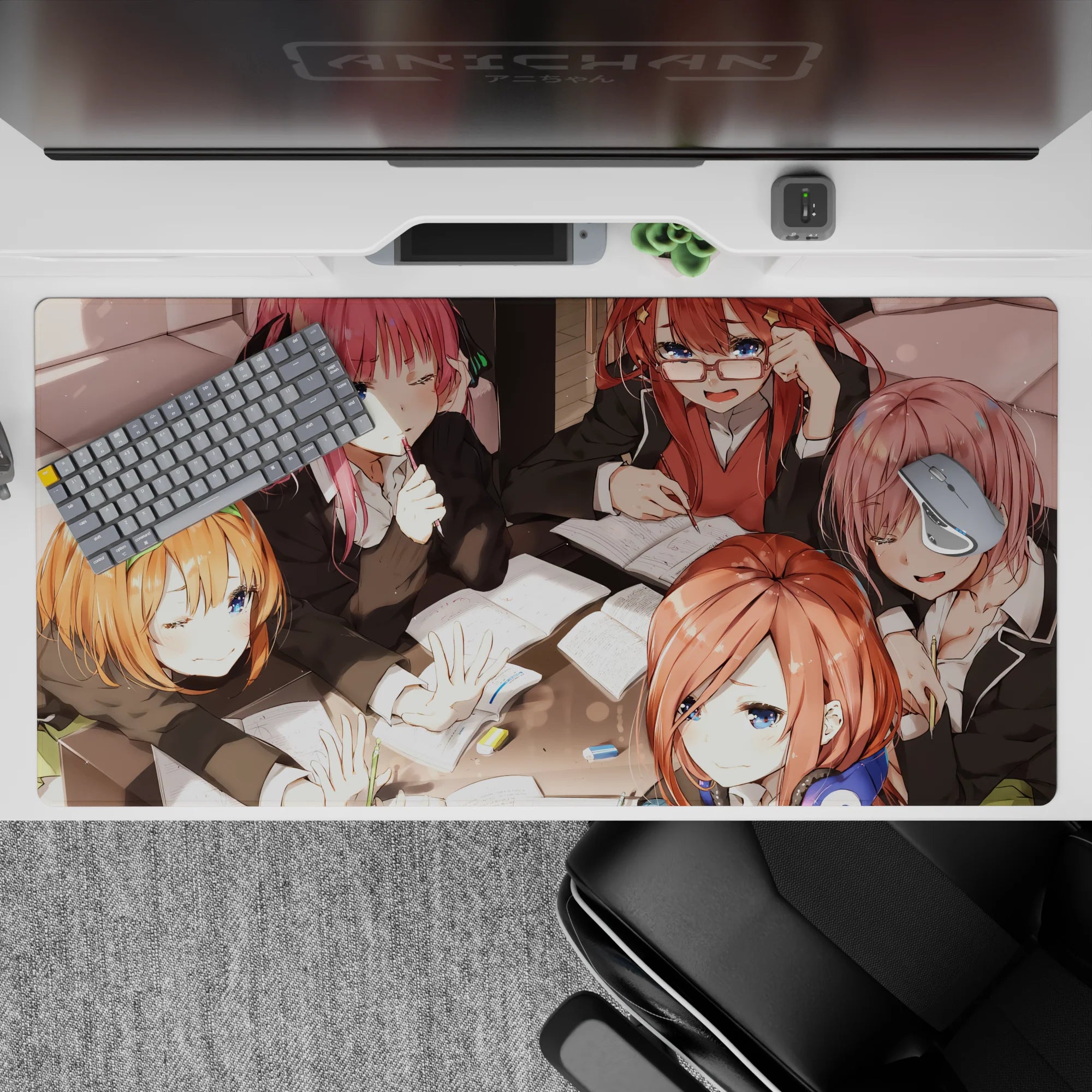 40x20 inches anime desk pad in warm sunset tones, pink orange auburn hair, cute study vibes.