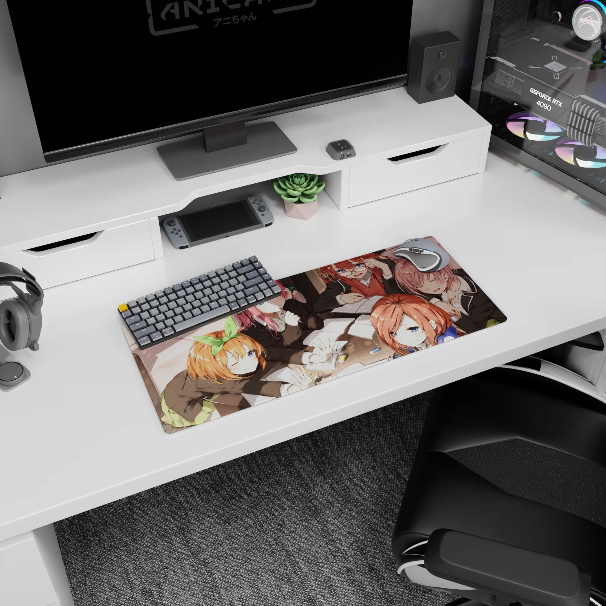 28x12 inches anime mouse pad featuring a winking schoolgirl, glasses girl, and green-bow troublemaker.