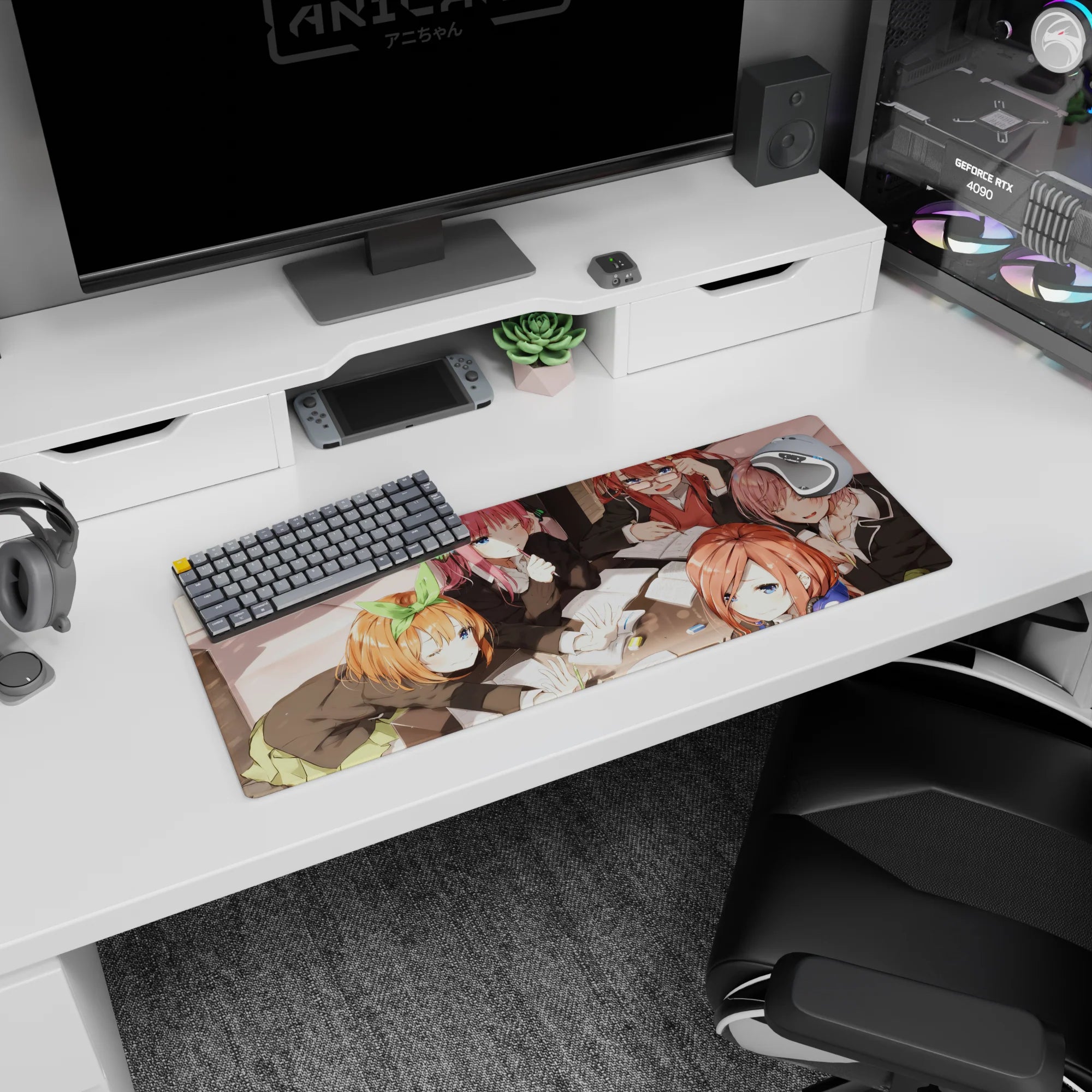 32x12 inches anime mouse pad showing a winking schoolgirl shushing, friends with glasses and a green bow.