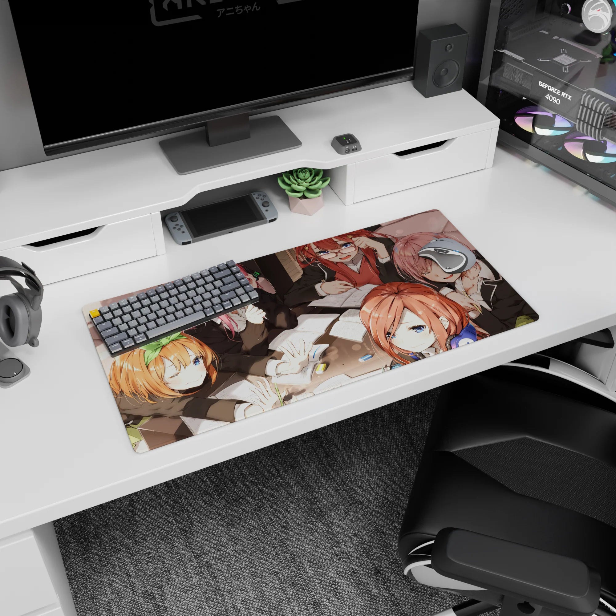 32x16 inches anime girl mouse pad with winking girl shushing, glasses girl complaining, green bow troublemaker.