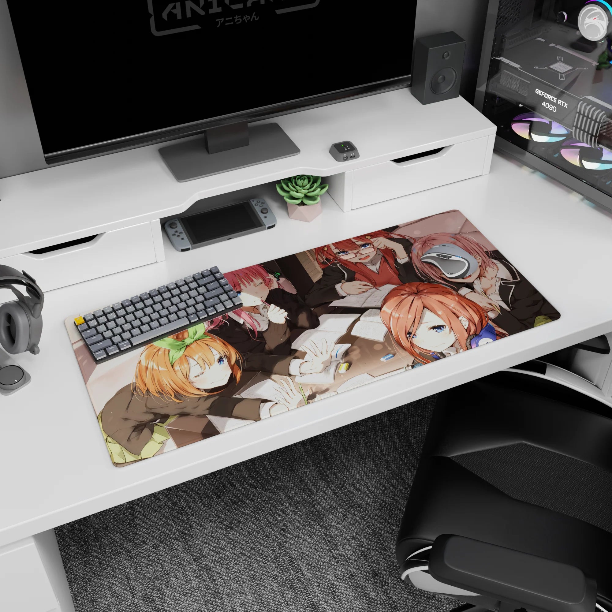 36x16 inches anime girl desk pad featuring a winking schoolgirl shushing, friends with glasses and green bow.