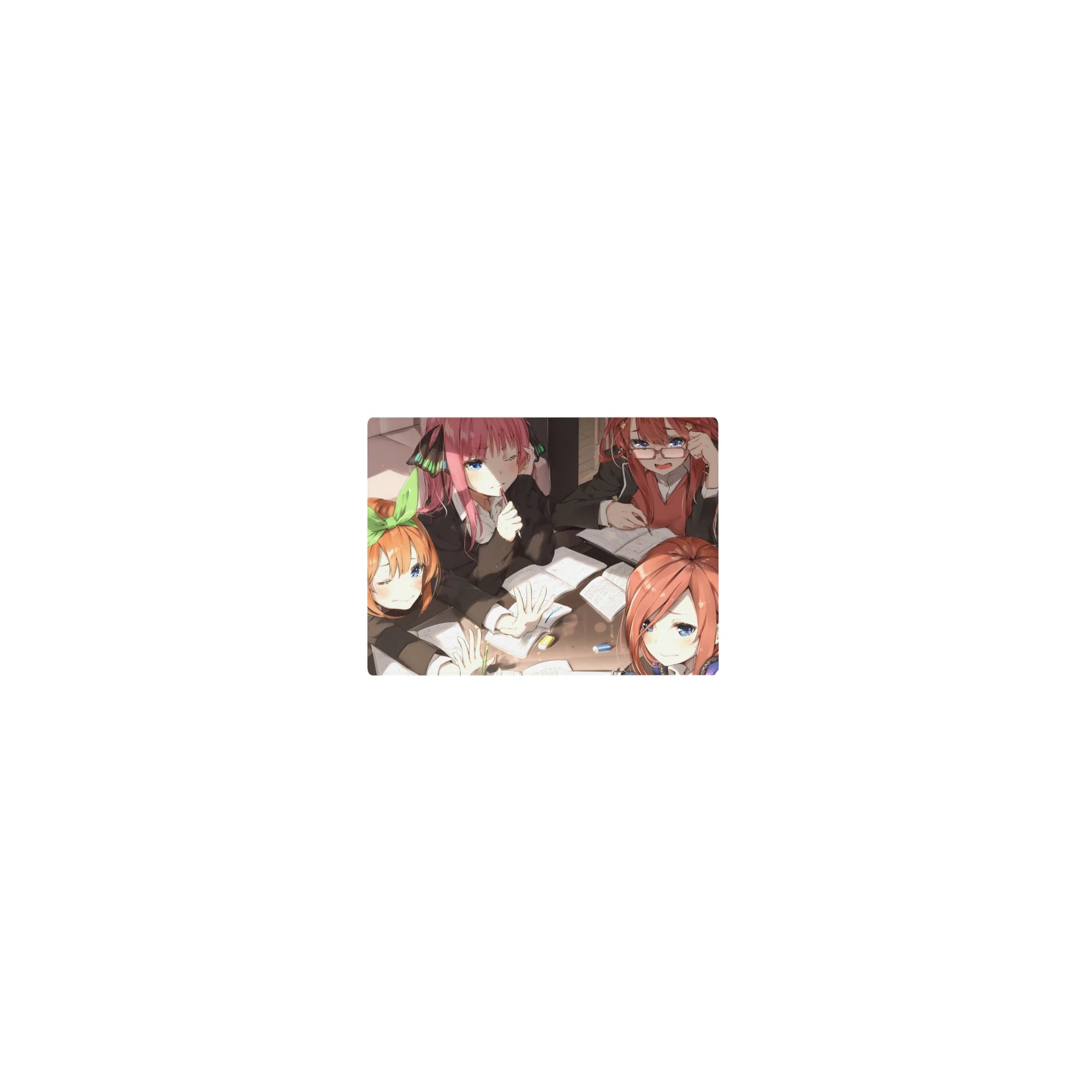 Classic anime girl mouse pad 14x10 inches with five schoolgirls studying, notebooks and pastel pens.