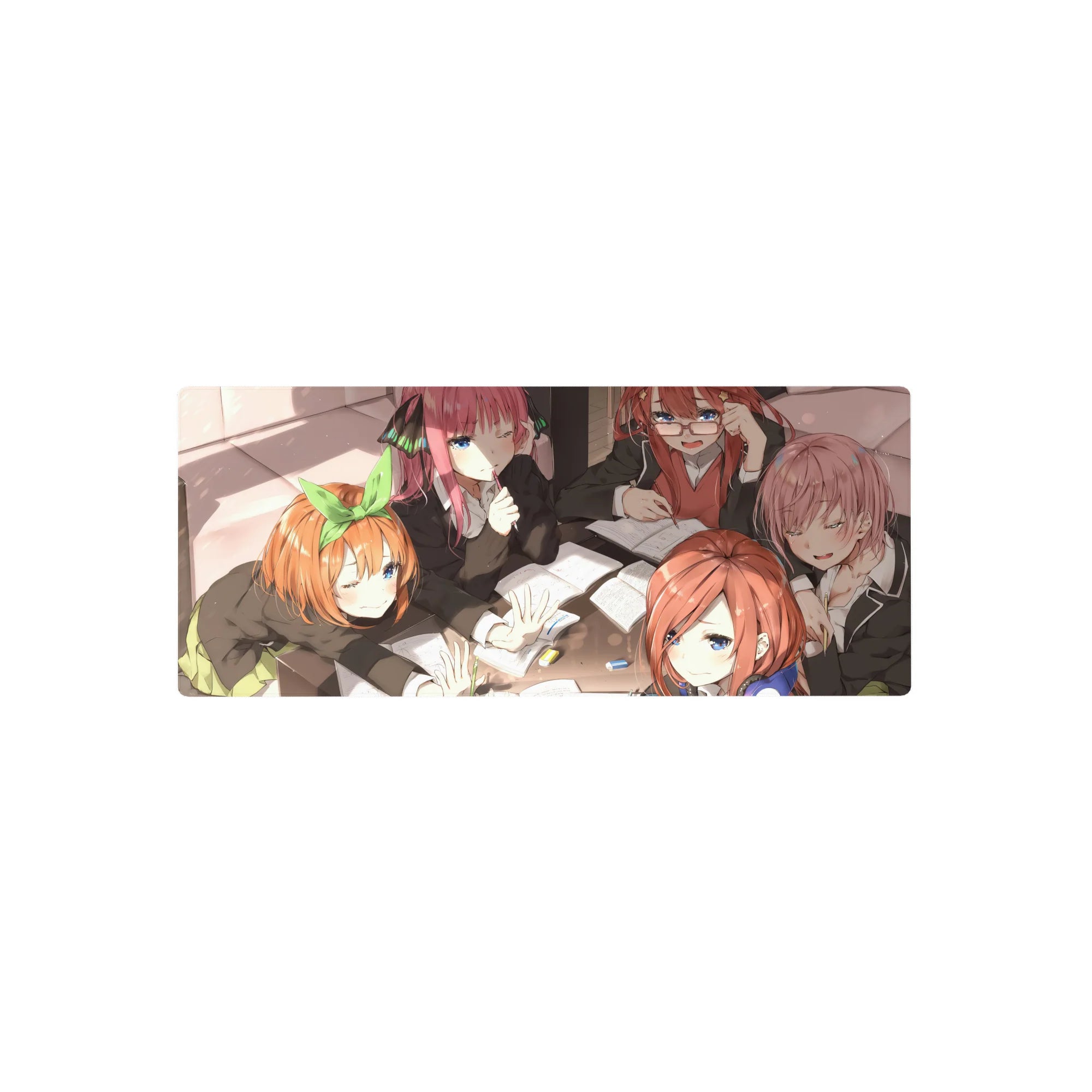 28x12 inches anime girl mouse pad with five schoolgirls in black blazers, notebooks and pastel pens.