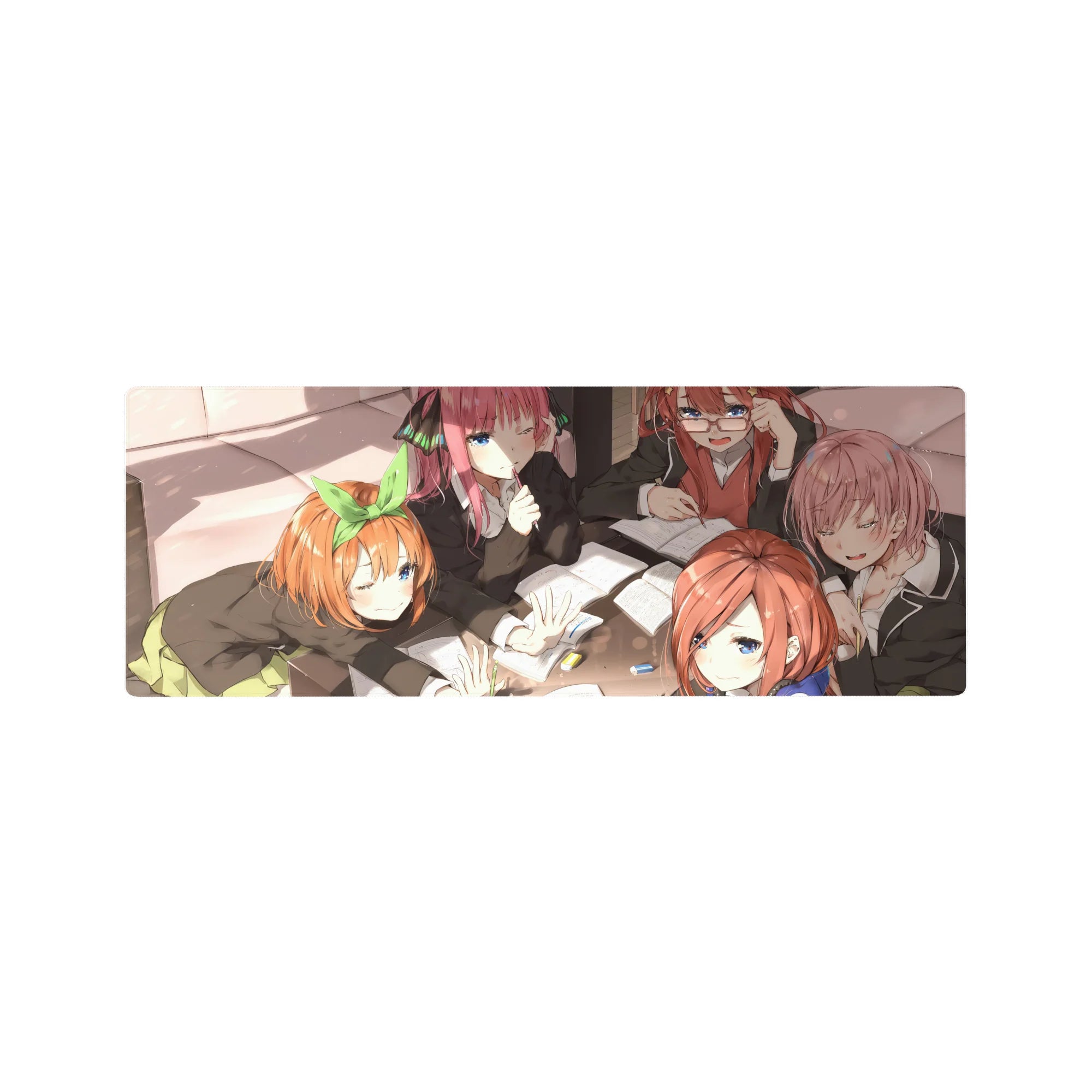 32x12 inches anime girl mouse pad with five schoolgirls studying, notebooks and pastel pens, cozy desk clutter.