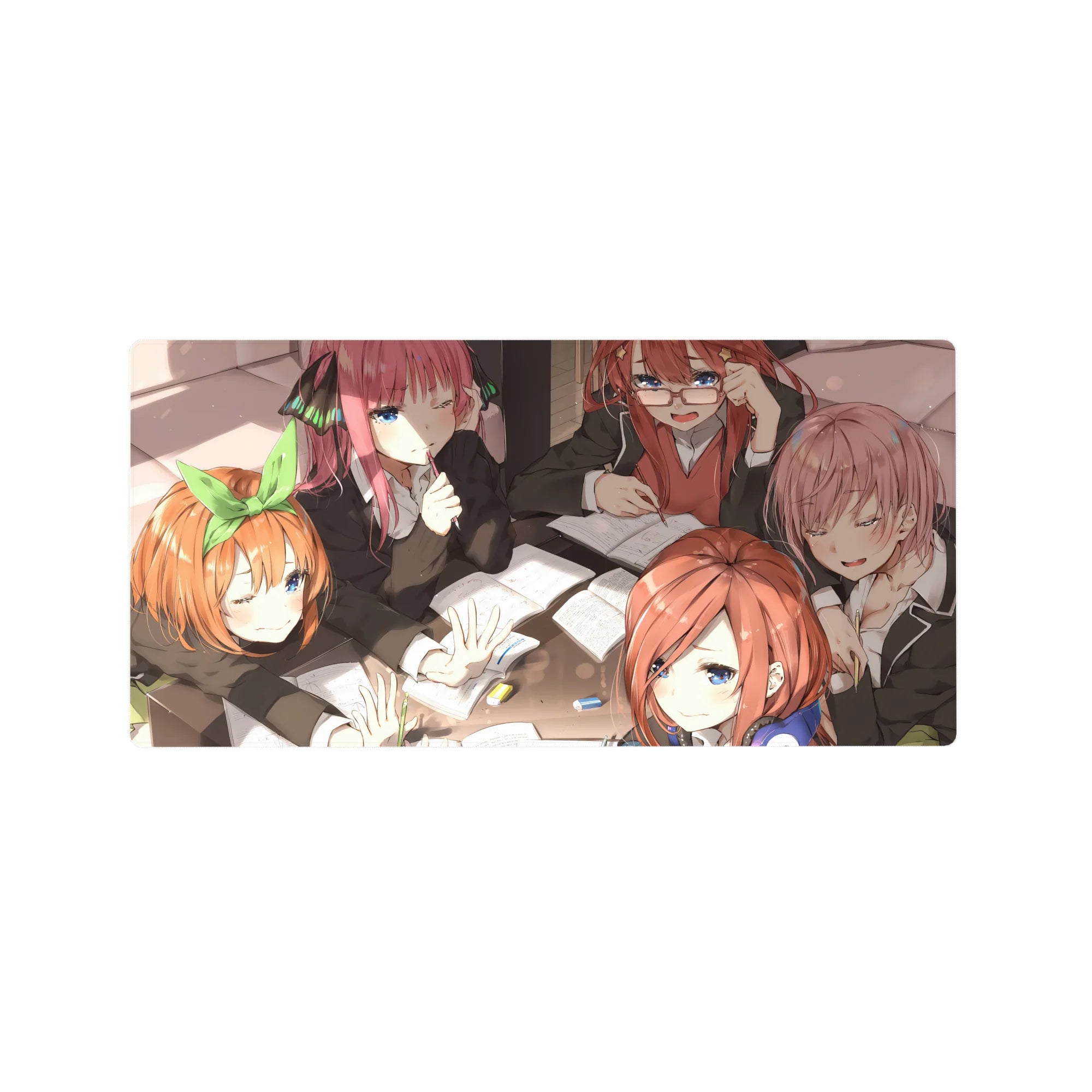 32x16 inches anime girl mouse pad with five schoolgirls studying, notebooks and pastel pens, cozy desk scene.