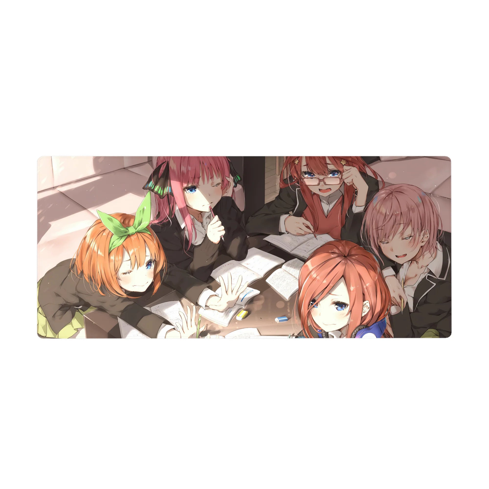 36x16 inches anime girl desk pad with five schoolgirls studying, blazers, notebooks, pastel pens, cozy clutter.