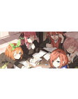 36x16 inches anime girl desk pad with five schoolgirls studying, blazers, notebooks, pastel pens, cozy clutter.