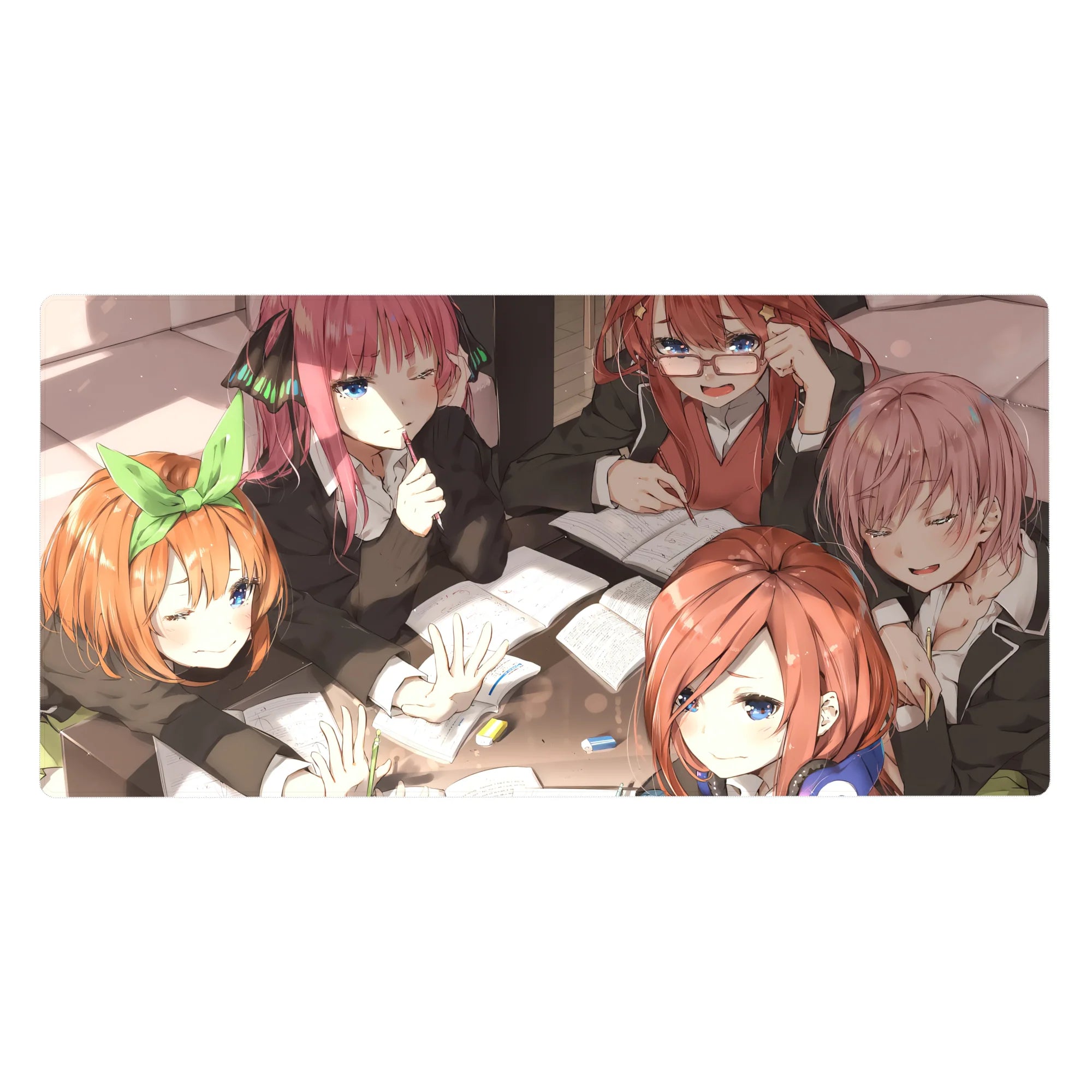40x20 inches anime girl desk pad with five schoolgirls studying, notebooks, pastel pens, cozy desk clutter.