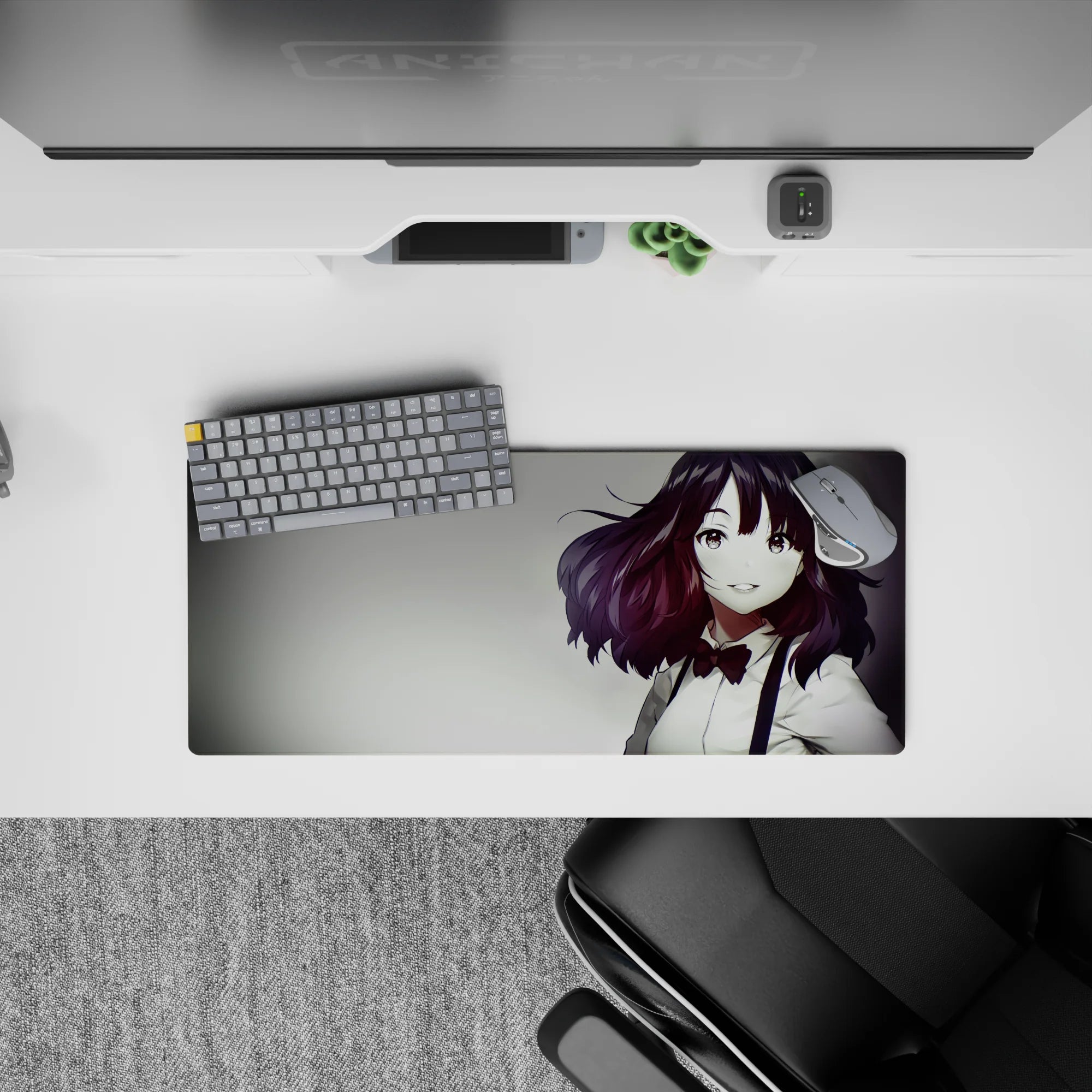 Warm smoky auburn and white anime mouse pad 28x12 inches, cozy dramatic vibe with soft gradients.