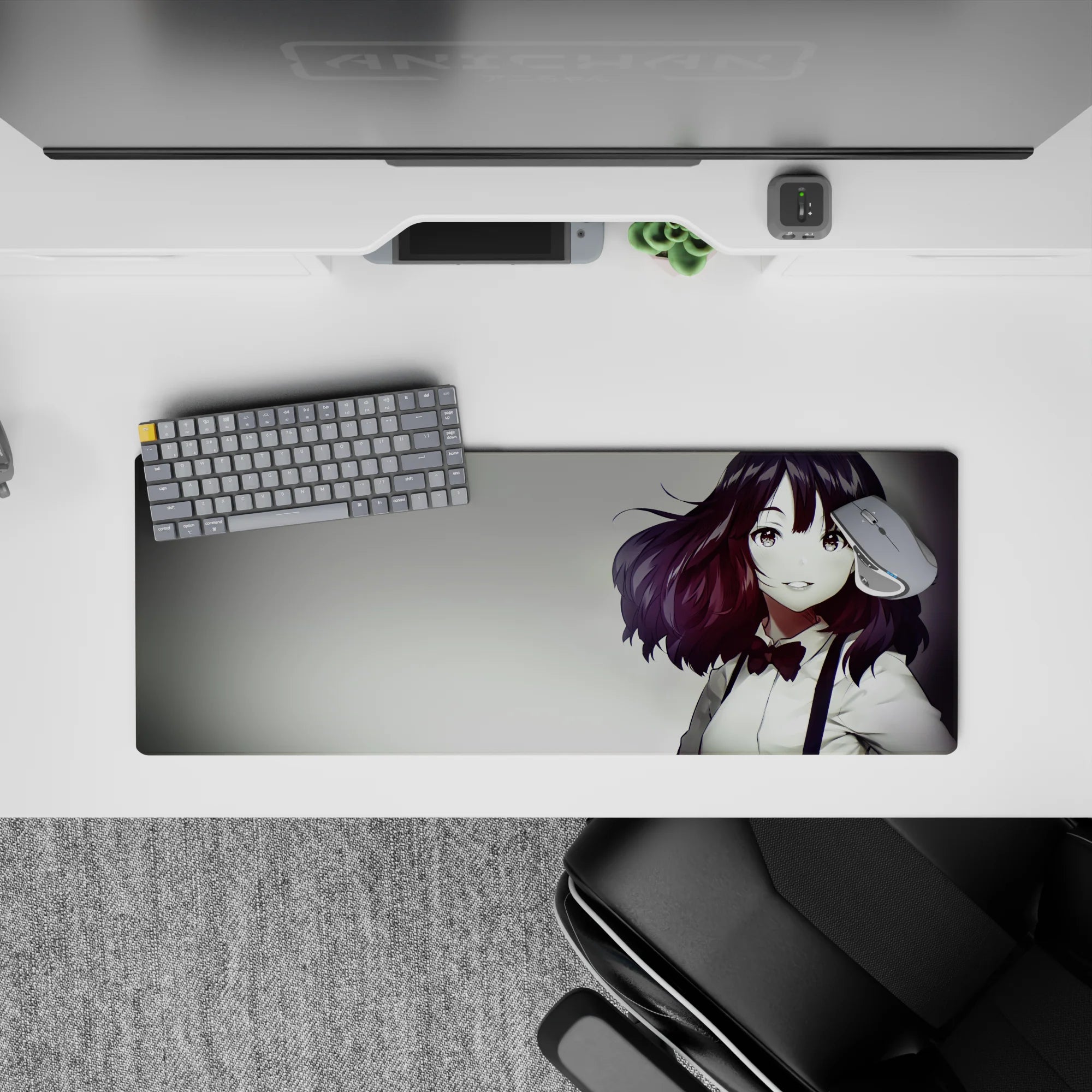 32x12 inches anime desk mouse pad in warm auburn and white tones, glossy highlights, cozy dramatic mood.