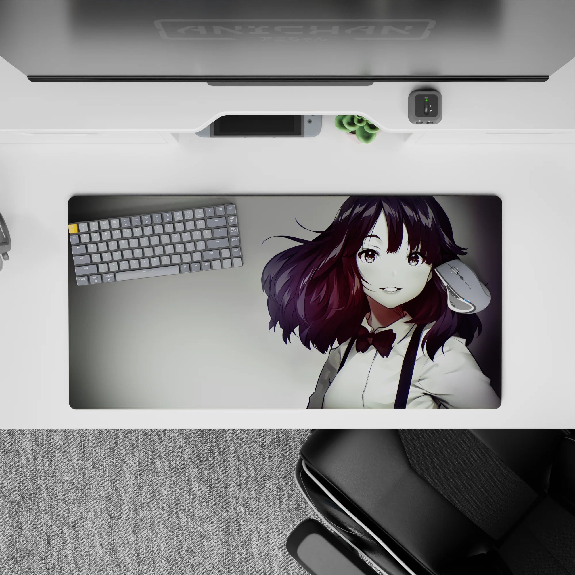 32x16 inches anime mouse pad in warm auburn and soft gray tones, glossy highlights, cozy dramatic vibe.