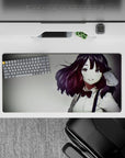 32x16 inches anime mouse pad in warm auburn and soft gray tones, glossy highlights, cozy dramatic vibe.