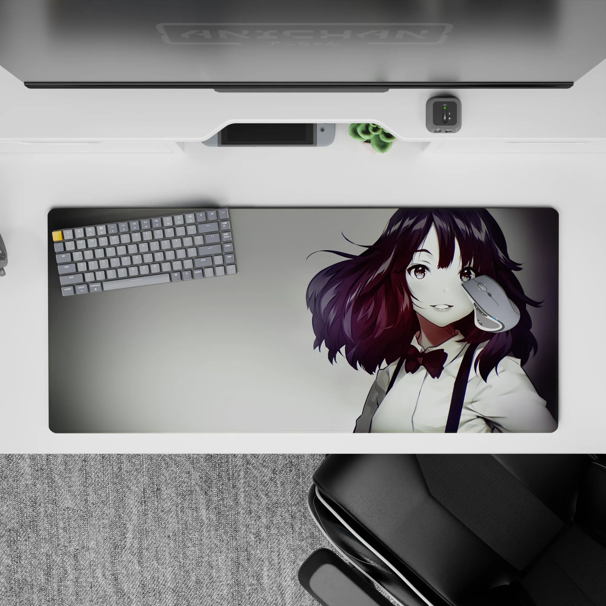 Cozy warm anime desk pad 36x16 inches in soft smoky tones, auburn highlights, and clean glossy gradients.