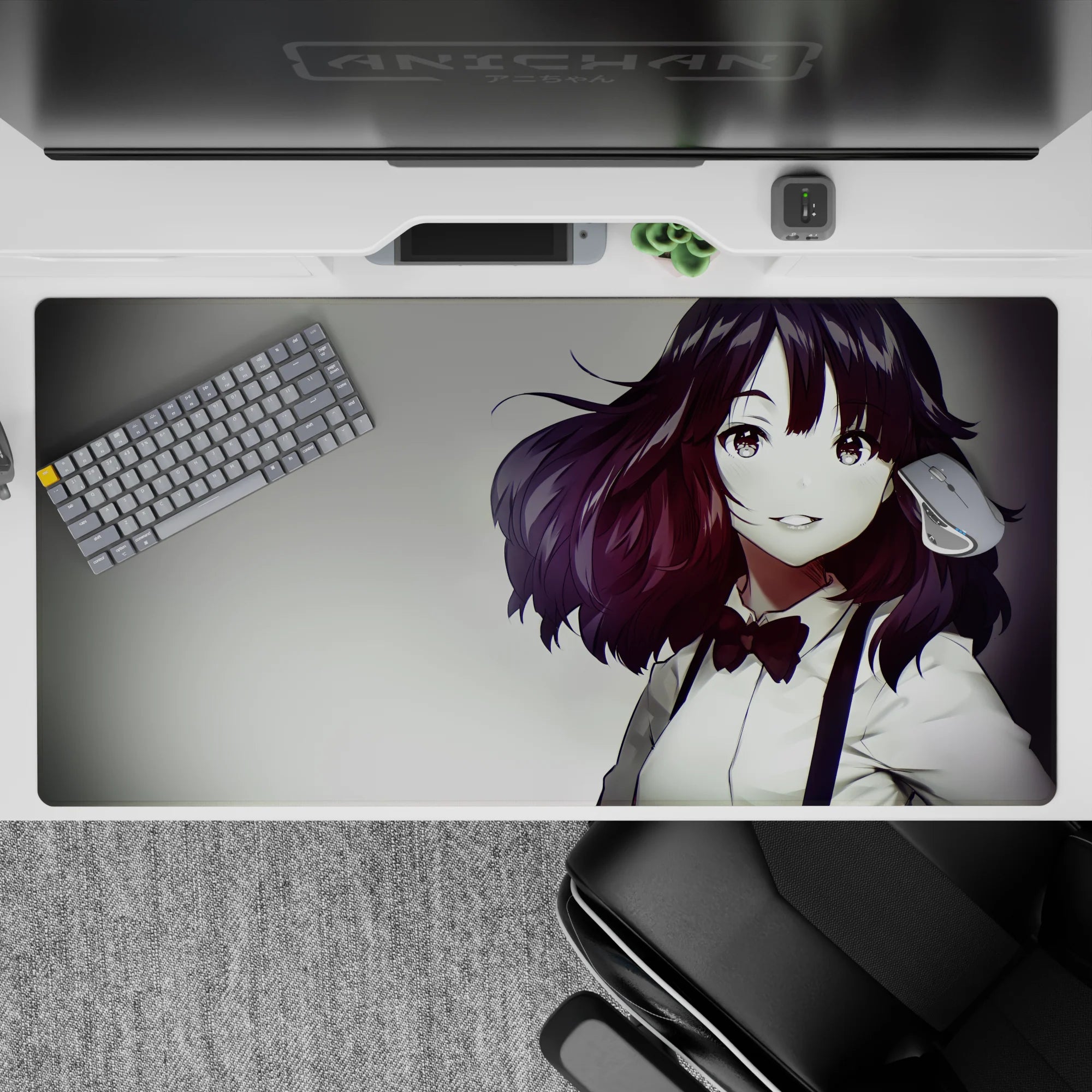 Warm cozy anime desk pad 40x20 inches in deep auburn and soft gray tones with gentle glossy highlights.
