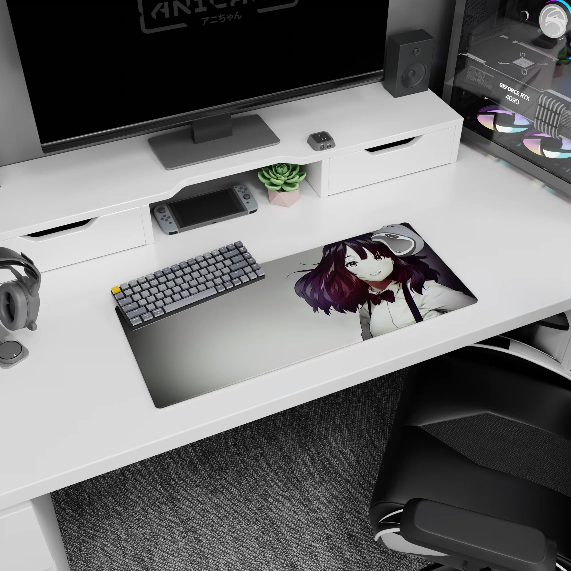 Anime heroine portrait mouse pad 28x12 inches, gentle smile, wavy auburn hair, crisp shirt, red bow.