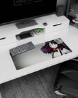 Anime heroine portrait mouse pad 28x12 inches, gentle smile, wavy auburn hair, crisp shirt, red bow.
