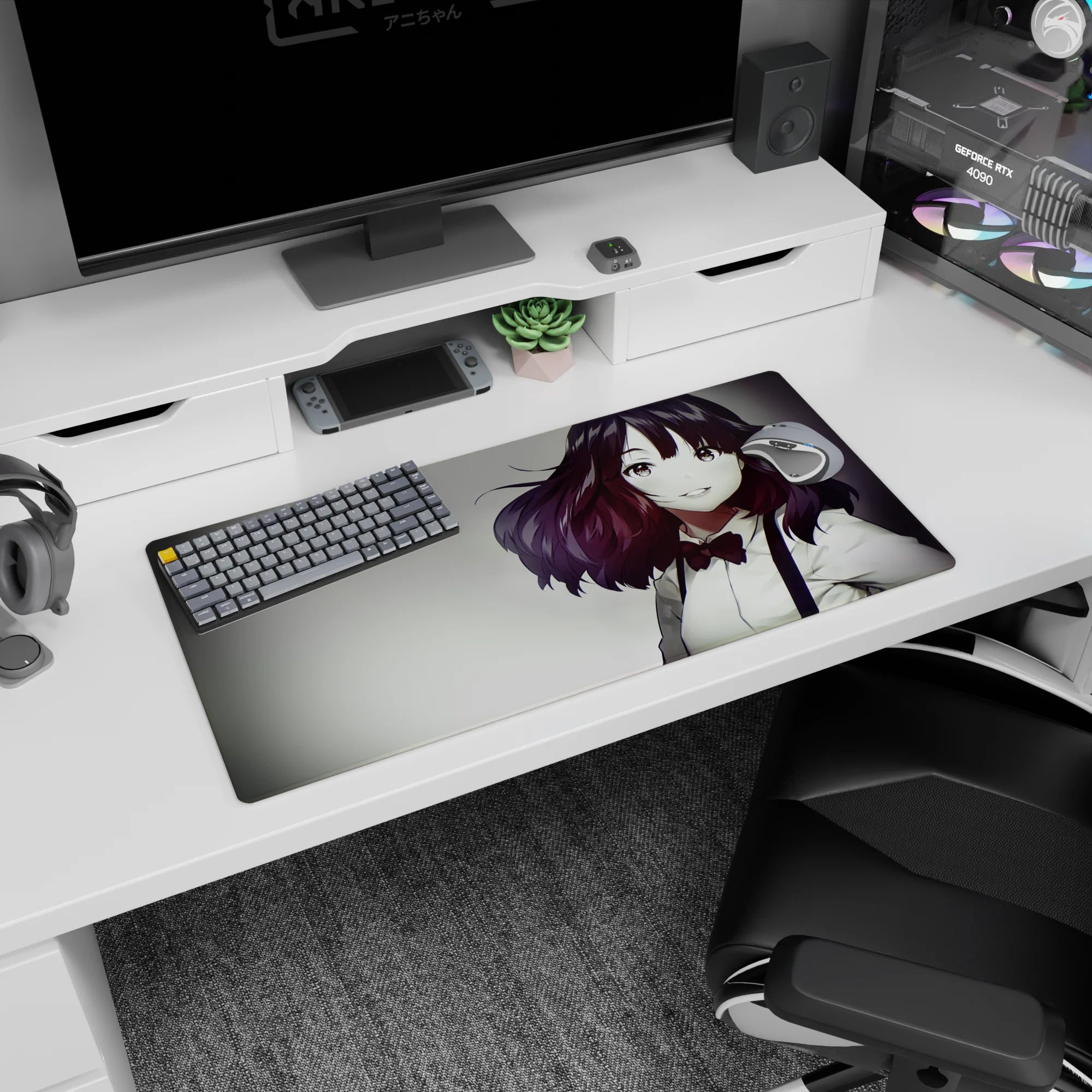 32x16 inches desk mouse pad featuring a smiling anime girl with wavy auburn hair, crisp blouse, red bow.