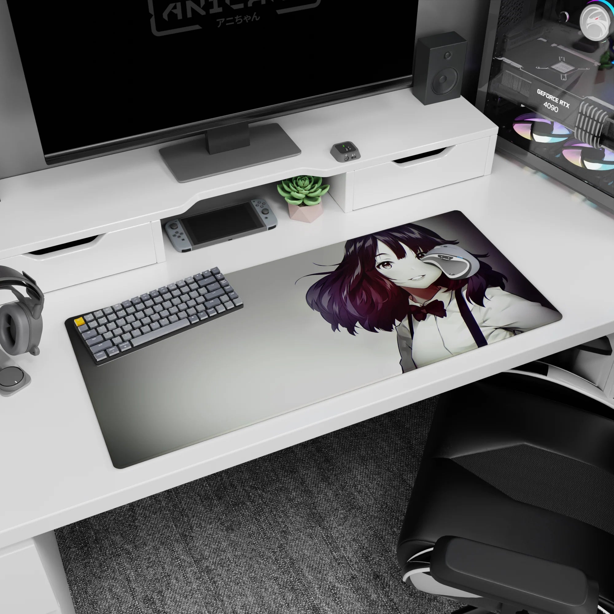 Smiling anime heroine desk pad 36x16 inches, deep auburn waves, crisp white blouse, and cute red bow tie.