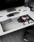 Smiling anime heroine desk pad 36x16 inches, deep auburn waves, crisp white blouse, and cute red bow tie.