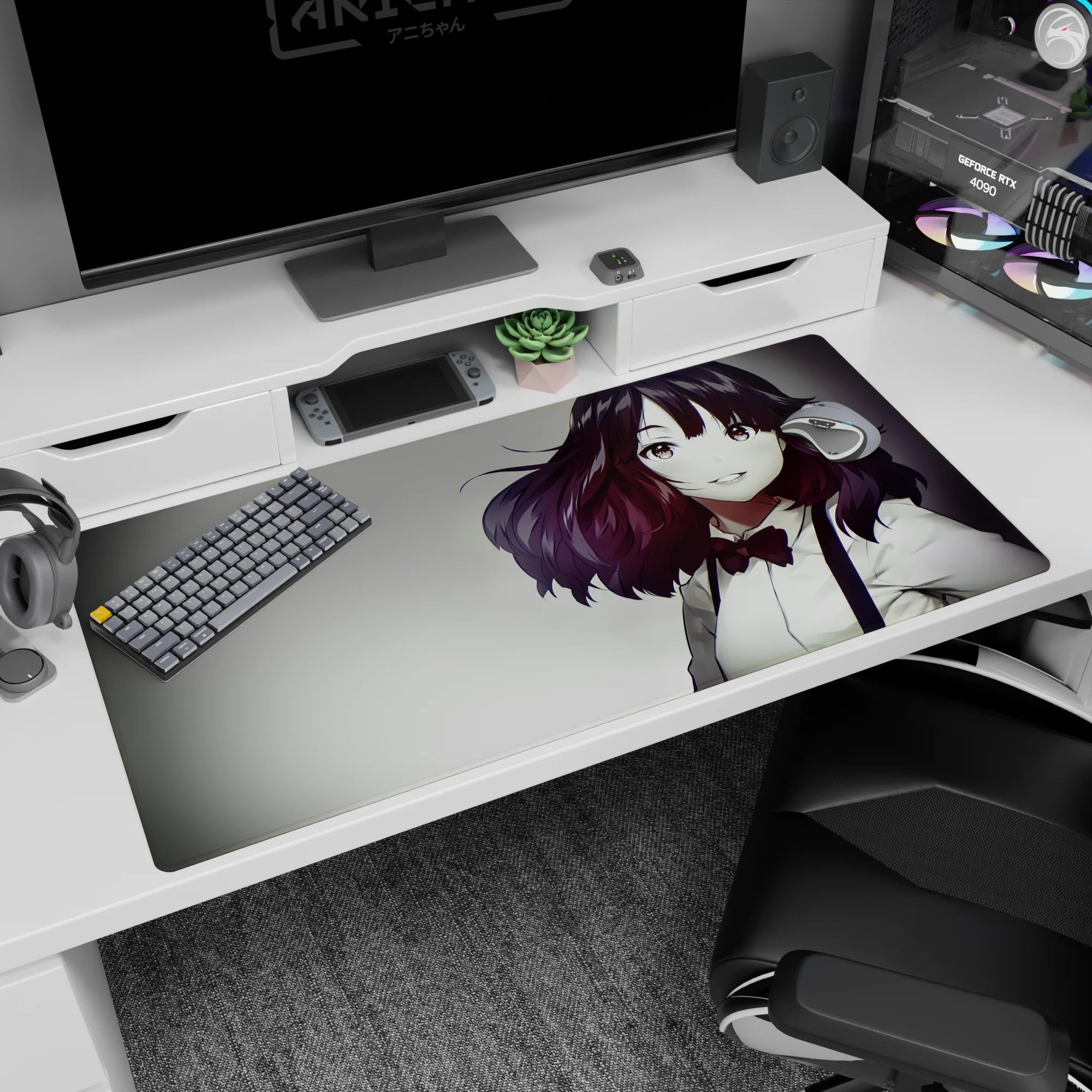 Smiling anime heroine desk pad 40x20 inches, red bowtie and crisp white blouse, charming close-up scene.